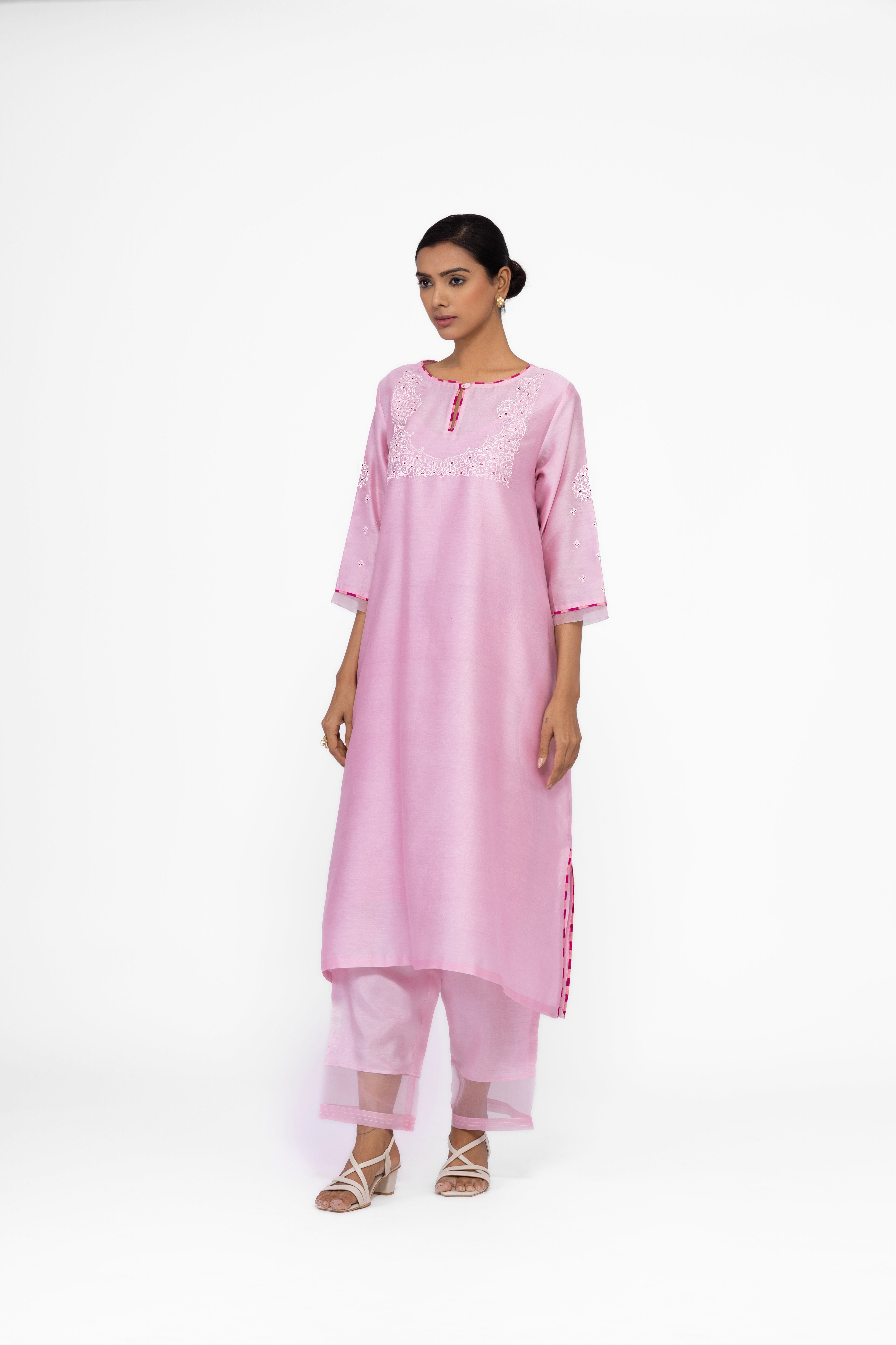 ROSE PETAL - ROUND NECK - CHANDERI SILK  A-LINE KURTA SET