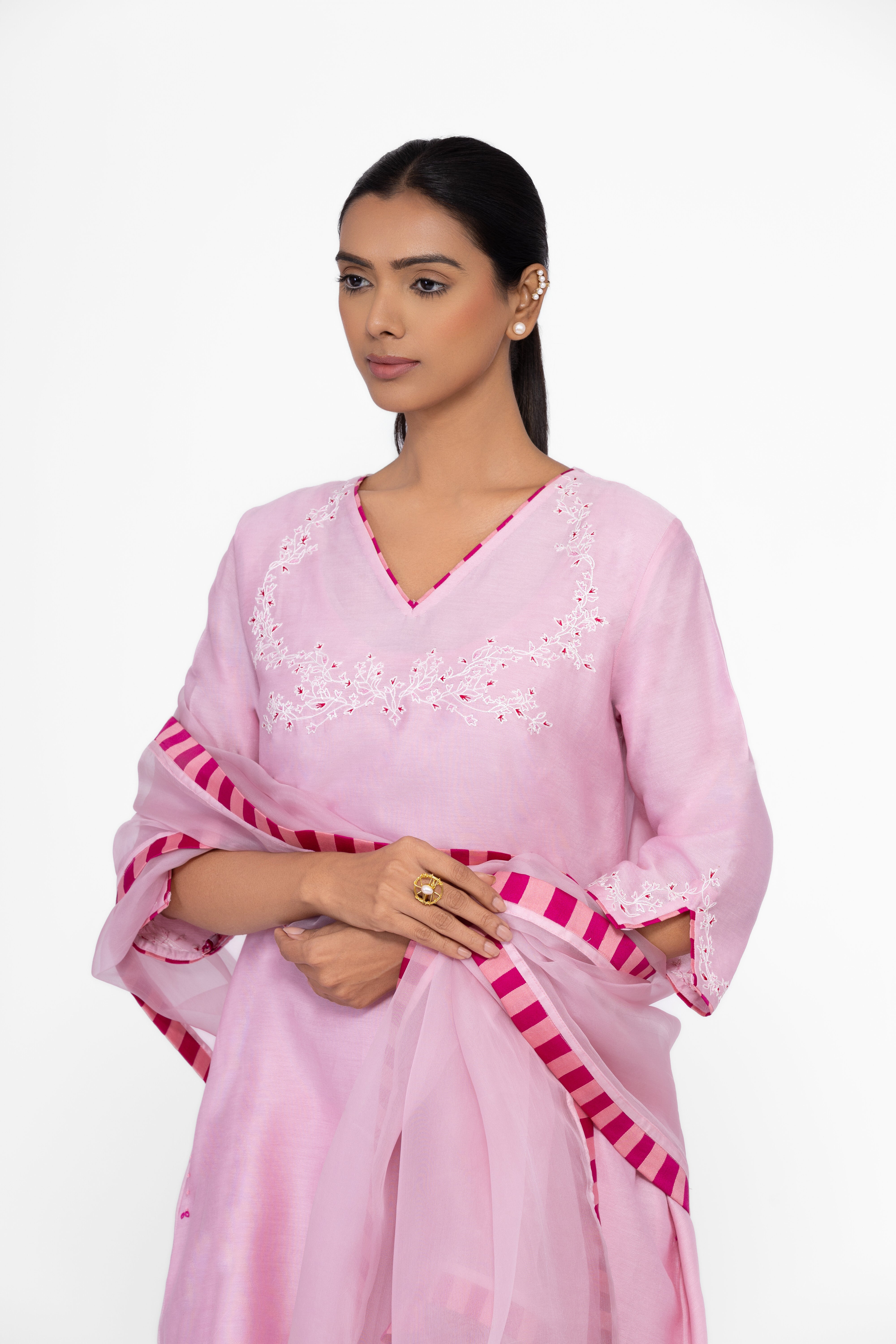 ROSE PETAL - V NECK - CHANDERI SILK  A-LINE KURTA SET