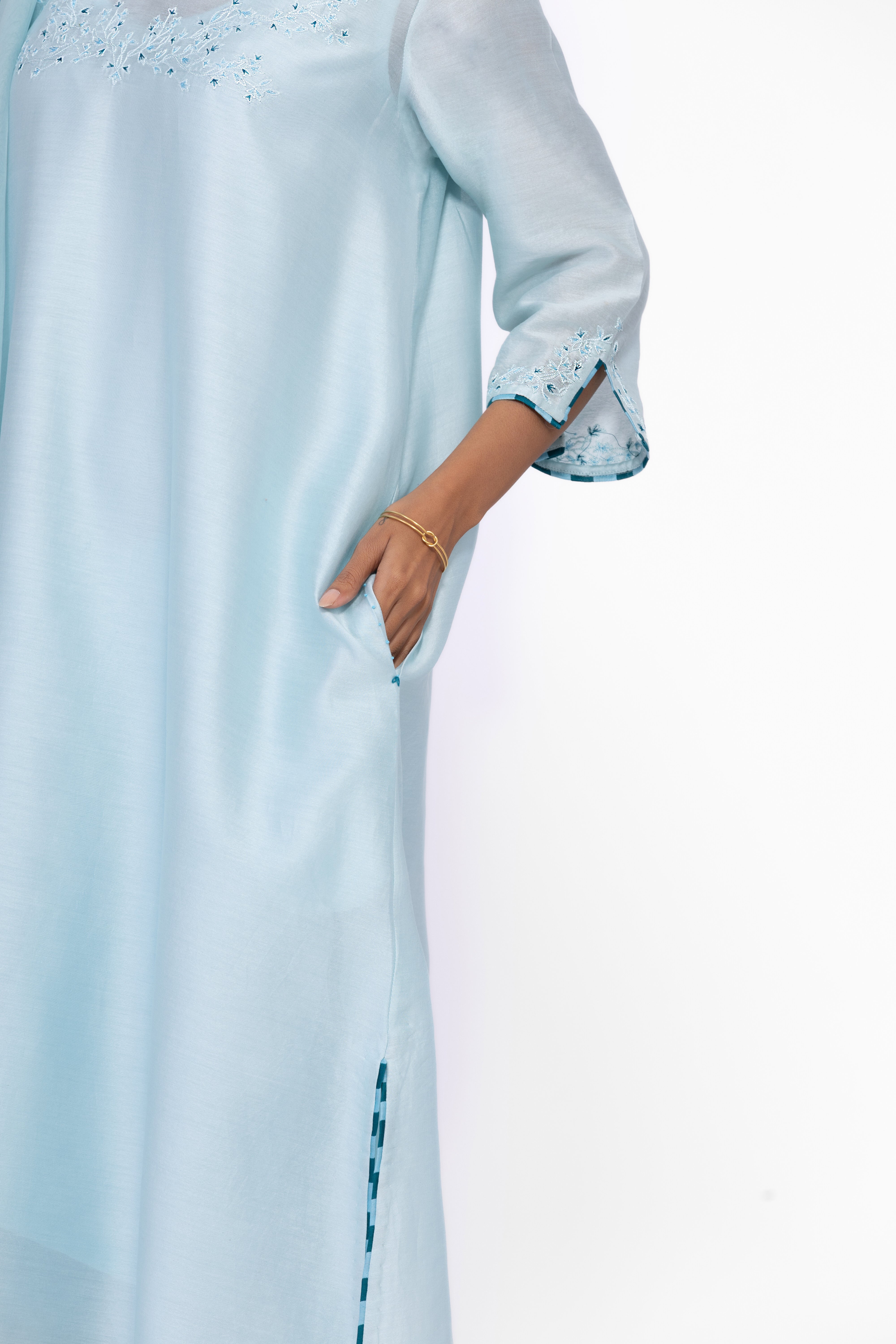 ICE BLUE - V NECK - CHANDERI SILK  A-LINE KURTA SET