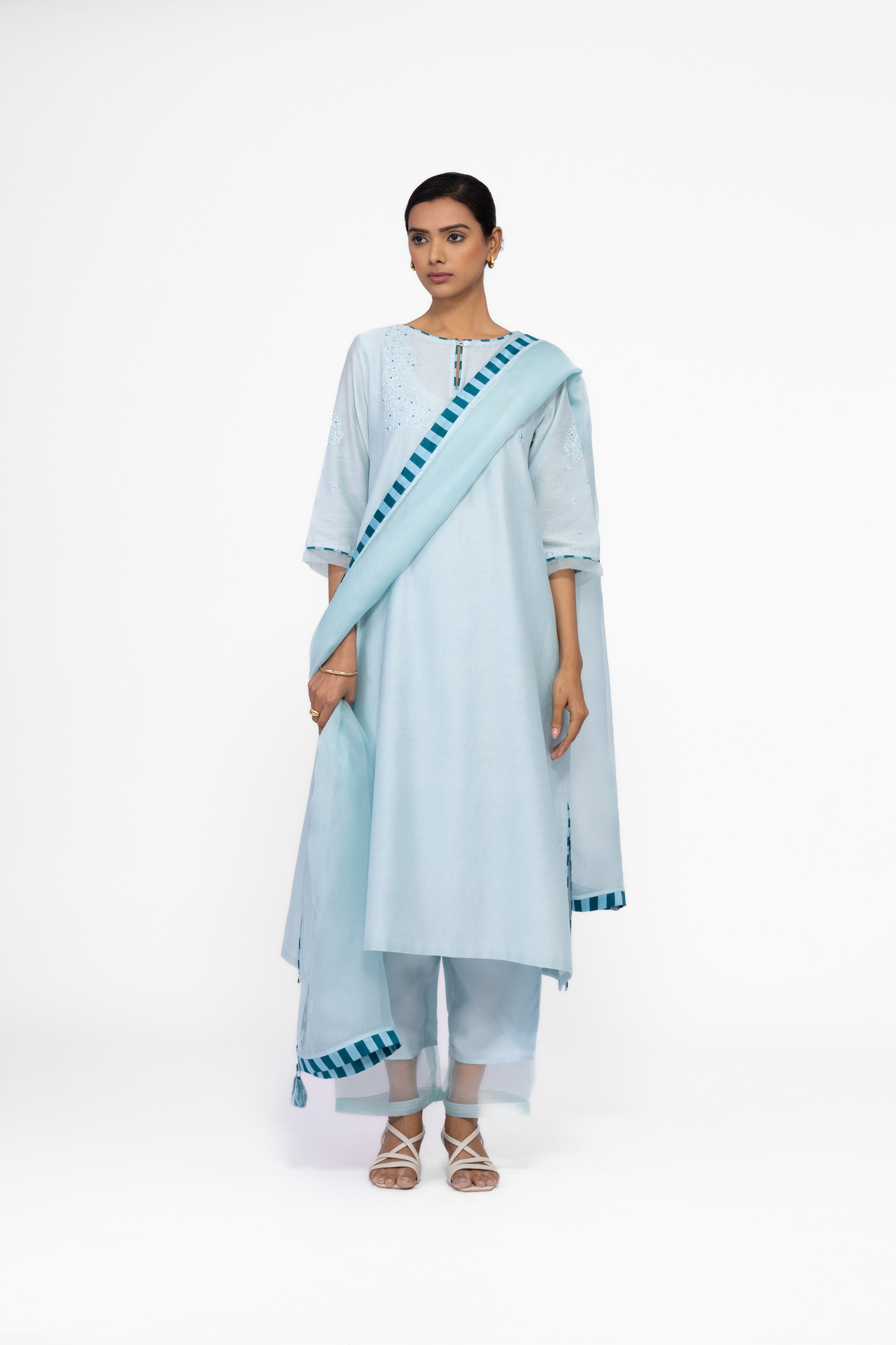 ICE BLUE - ROUND NECK - CHANDERI SILK  A-LINE KURTA SET