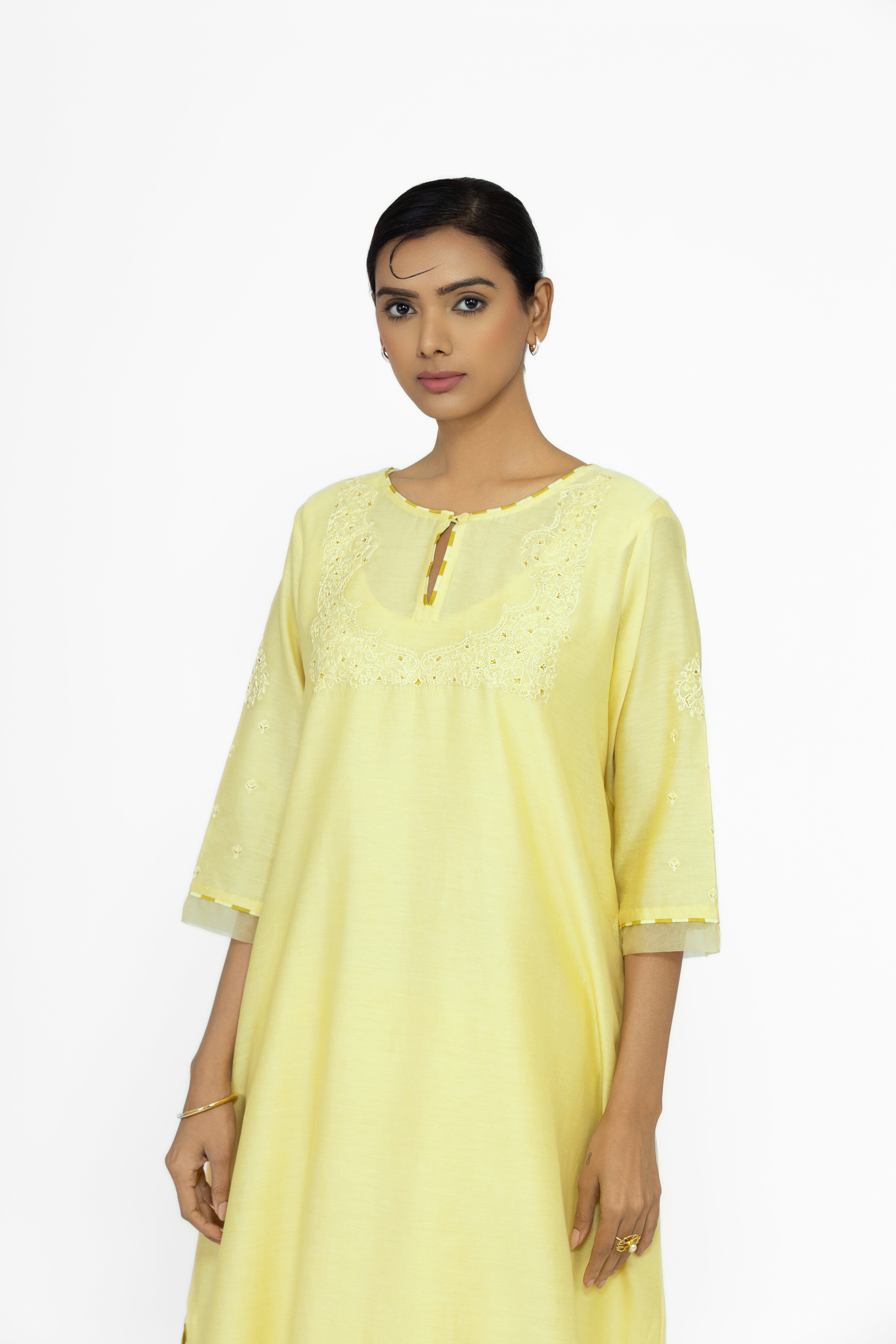 LEMON YELLOW - ROUND NECK - CHANDERI SILK  A-LINE KURTA SET