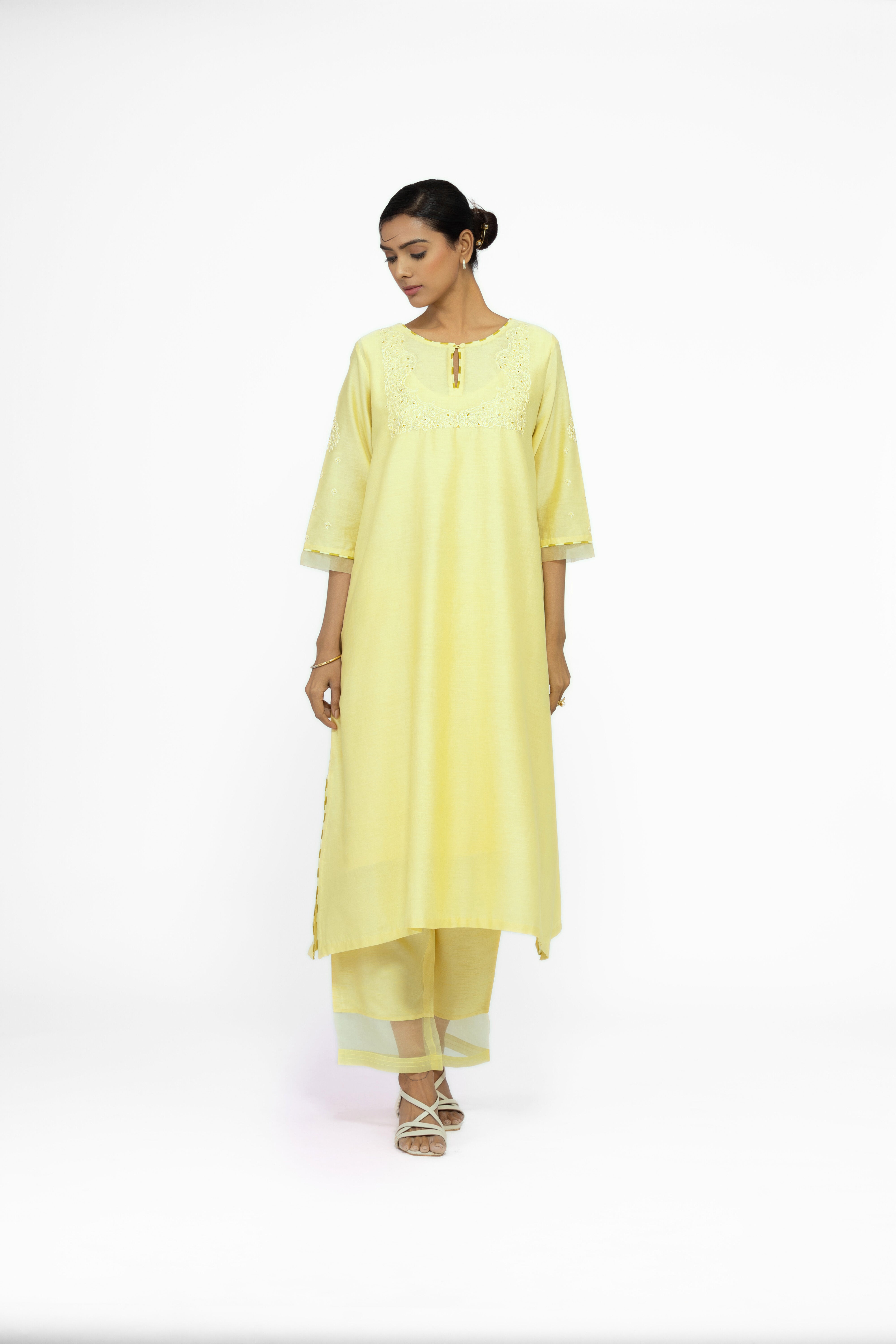 LEMON YELLOW - ROUND NECK - CHANDERI SILK  A-LINE KURTA SET