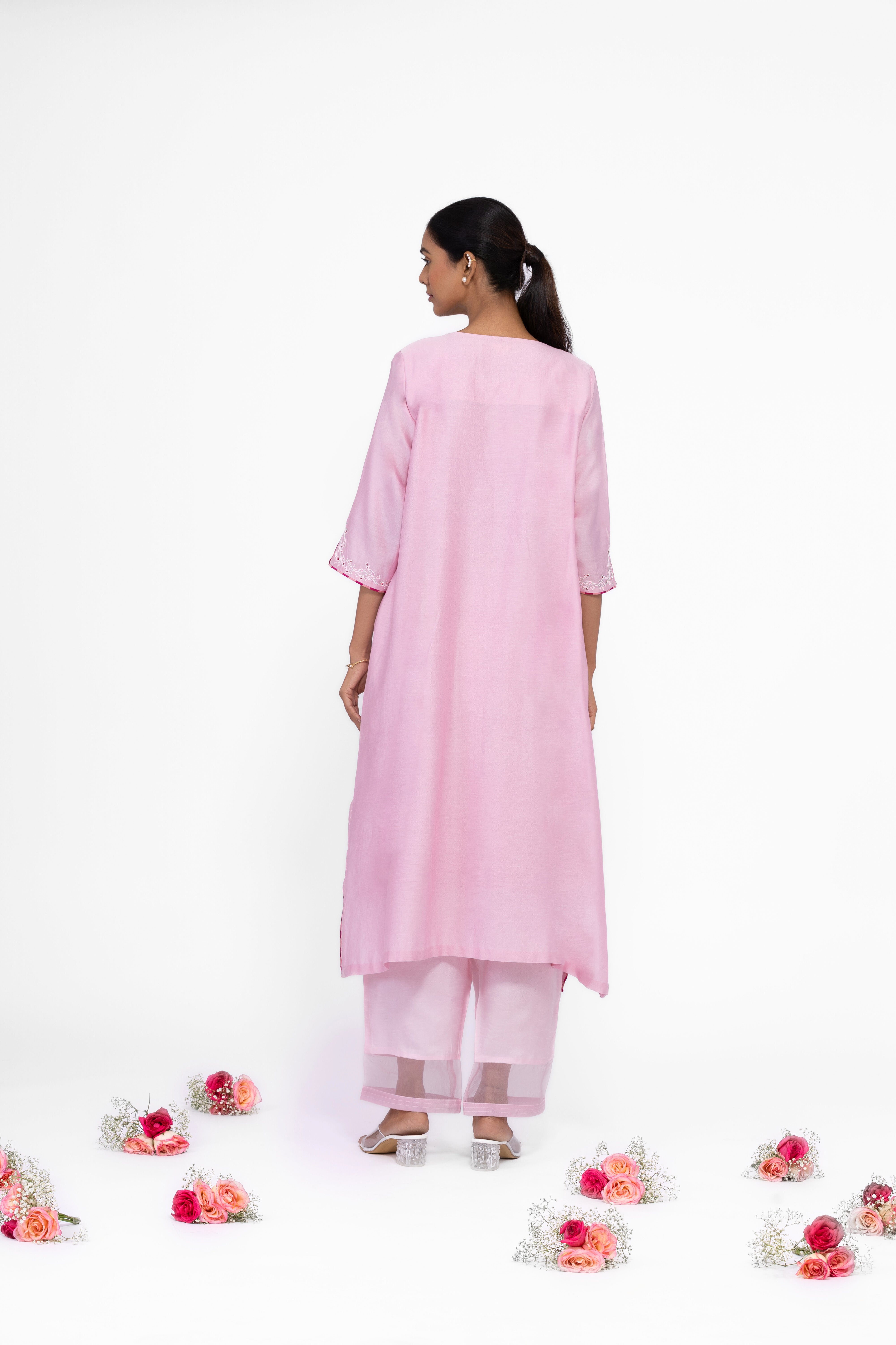 ROSE PETAL - V NECK - CHANDERI SILK  A-LINE KURTA SET