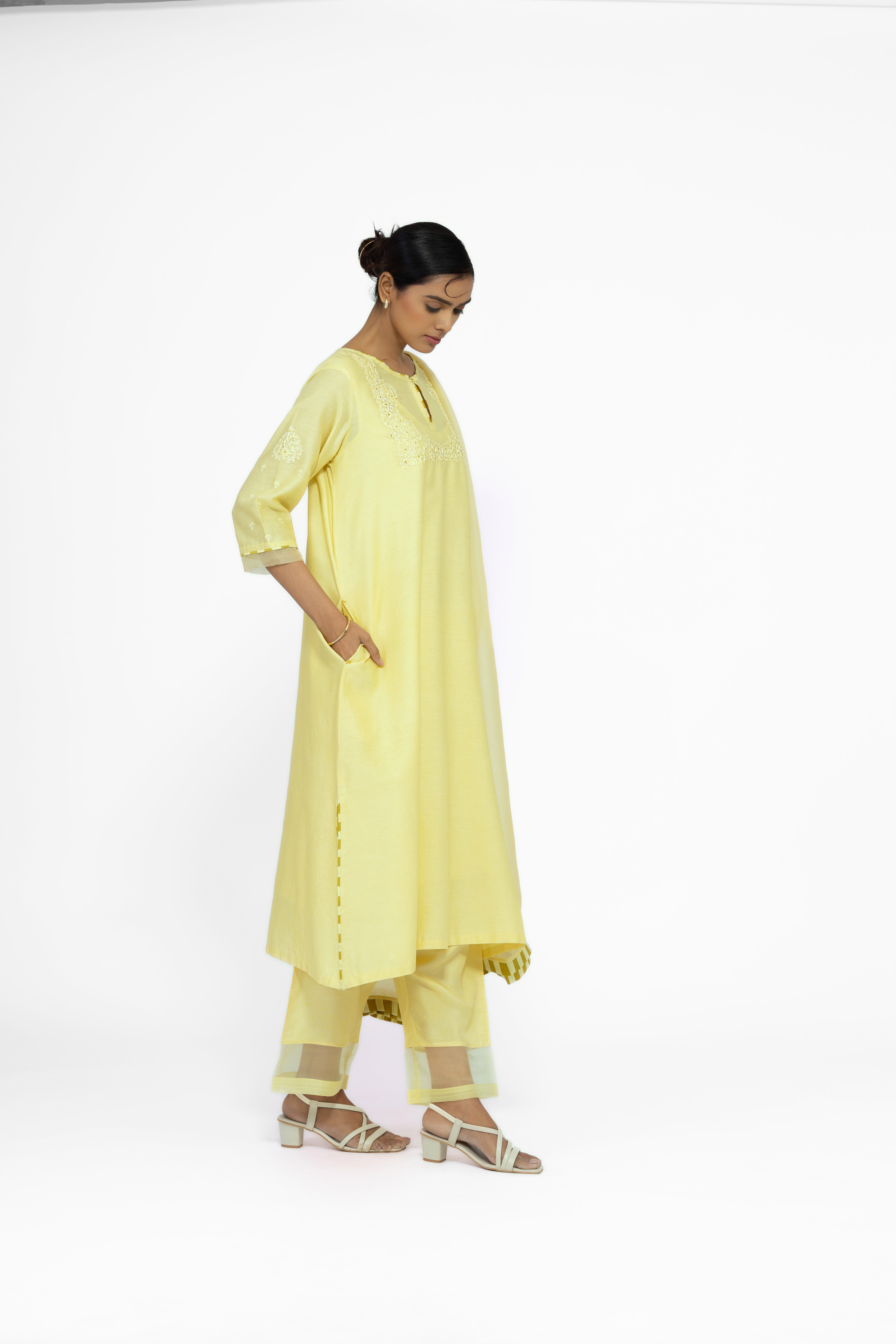 LEMON YELLOW - ROUND NECK - CHANDERI SILK  A-LINE KURTA SET