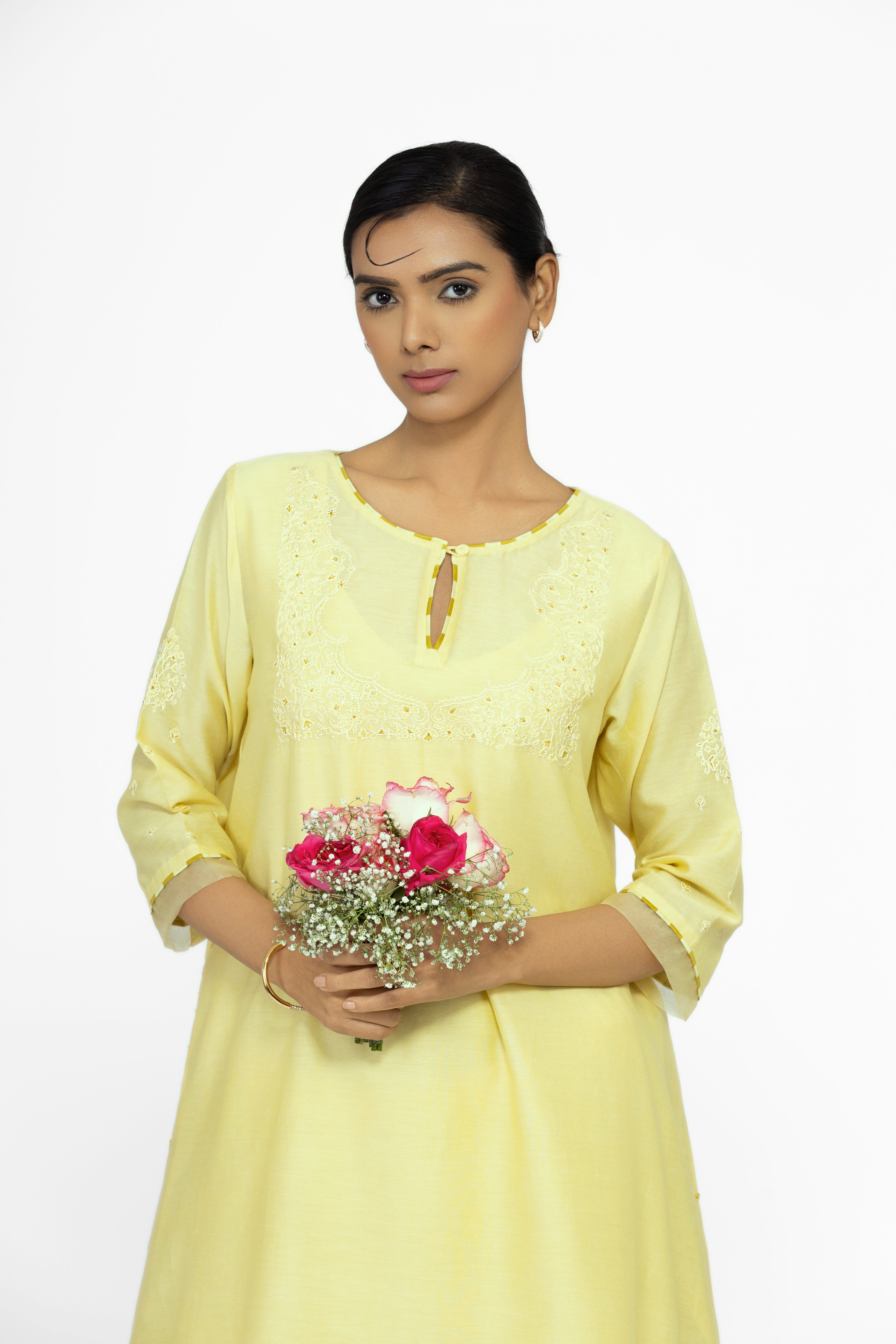 LEMON YELLOW - ROUND NECK - CHANDERI SILK  A-LINE KURTA SET