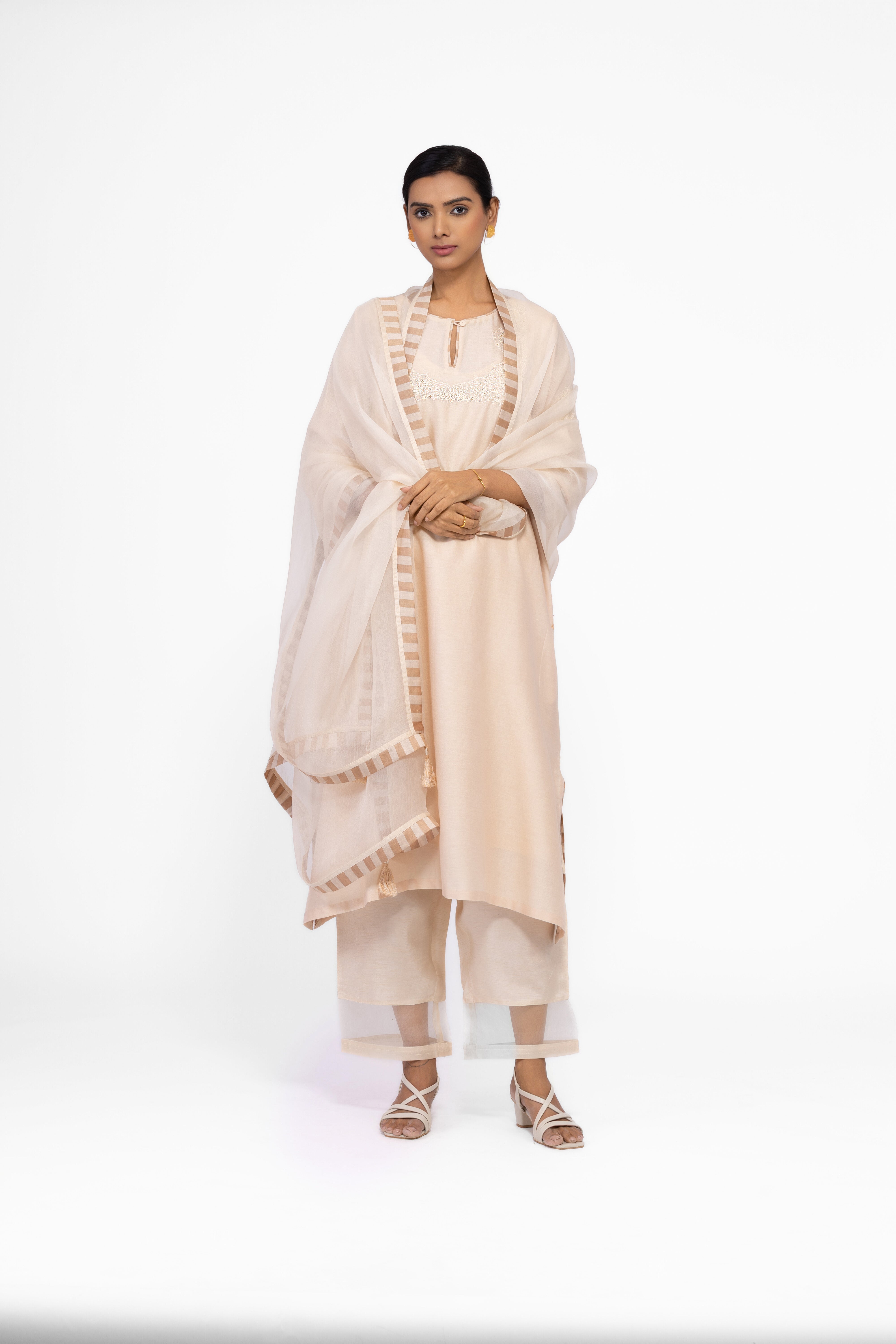 SOFT BEIGE - ROUND NECK - CHANDERI SILK  A-LINE KURTA SET