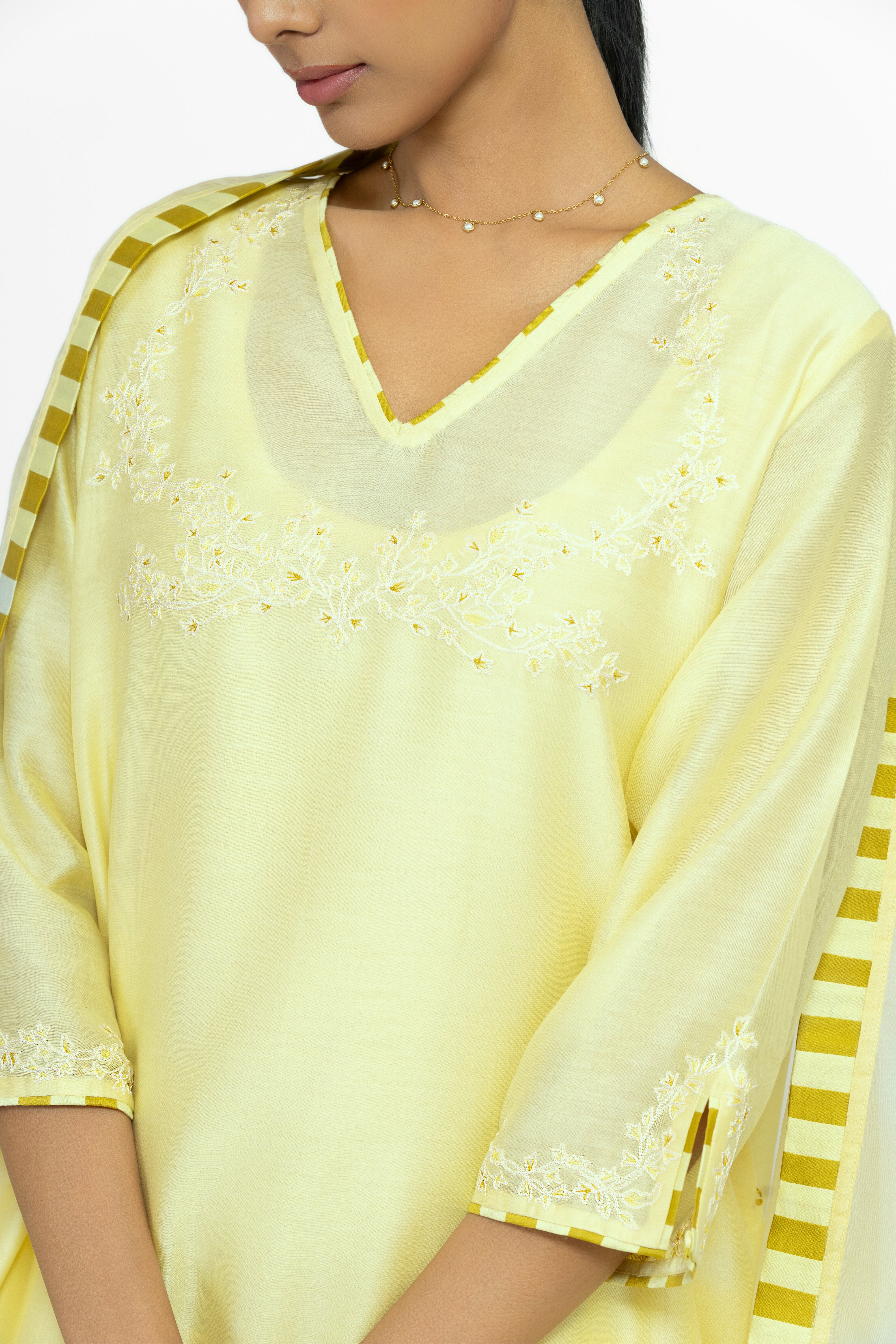 LEMON YELLOW - V NECK - CHANDERI SILK  A-LINE KURTA SET