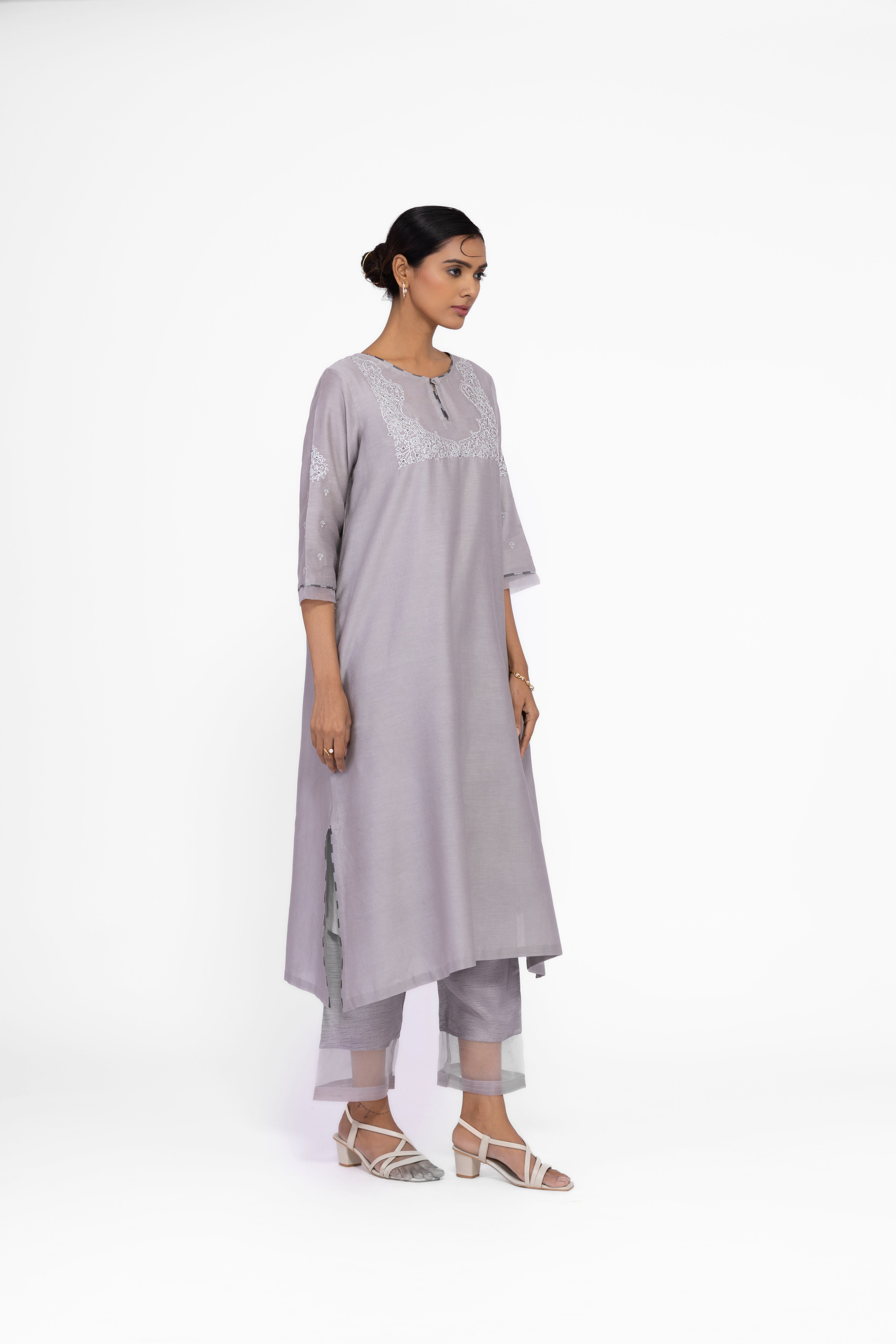 SILVER GREY - ROUND NECK - CHANDERI SILK  A-LINE KURTA SET