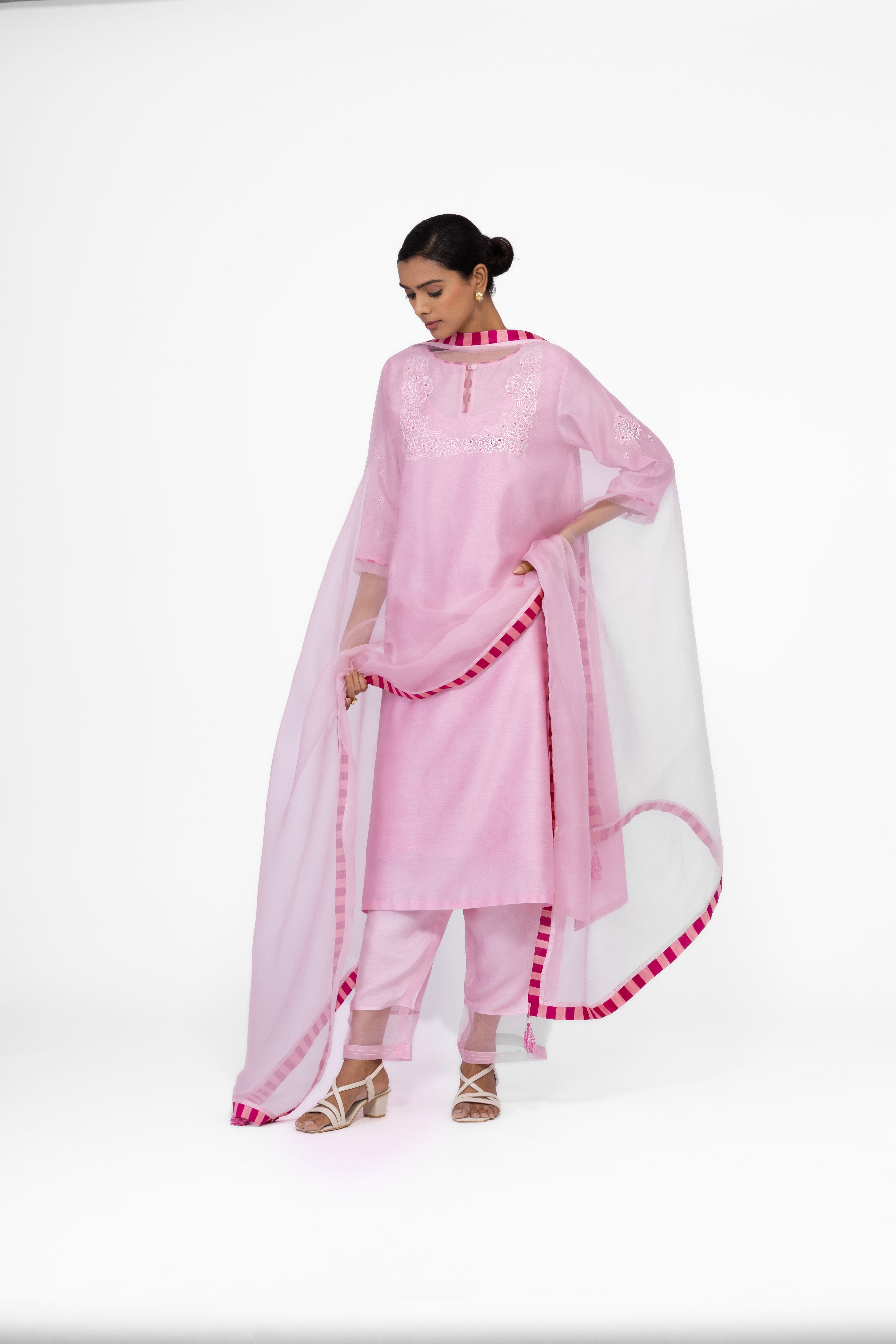 ROSE PETAL - ROUND NECK - CHANDERI SILK  A-LINE KURTA SET