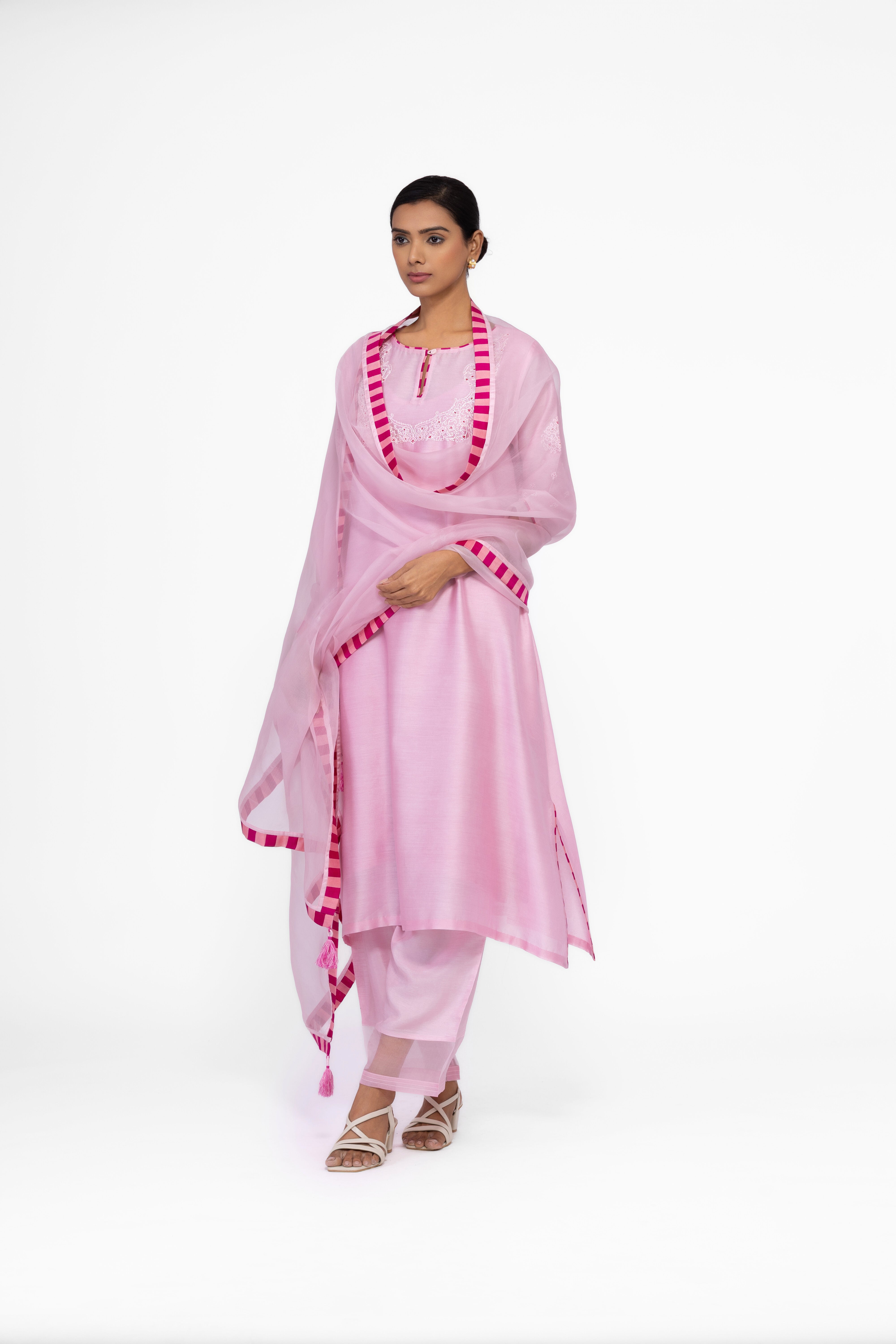 ROSE PETAL - ROUND NECK - CHANDERI SILK  A-LINE KURTA SET