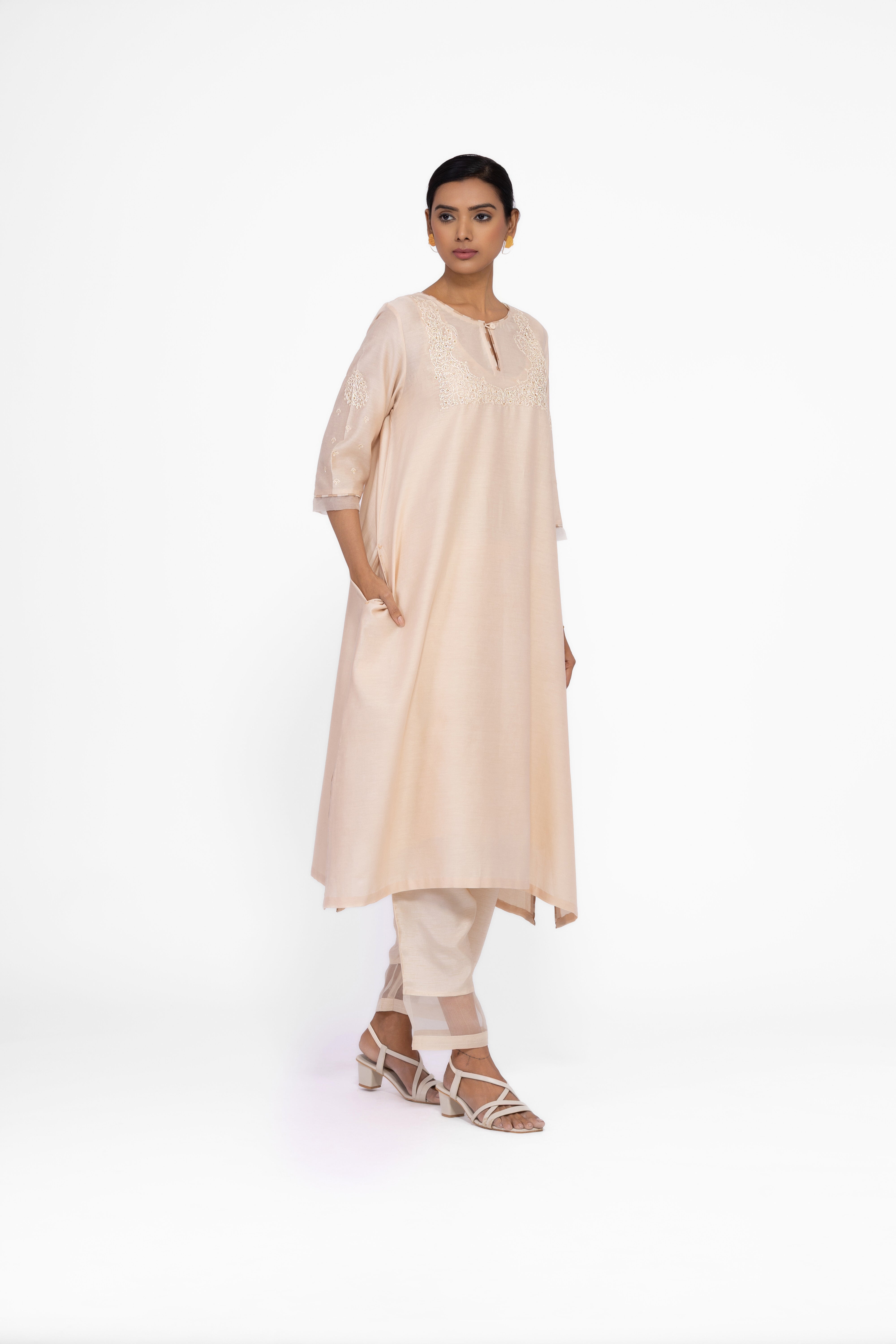 SOFT BEIGE - ROUND NECK - CHANDERI SILK  A-LINE KURTA SET