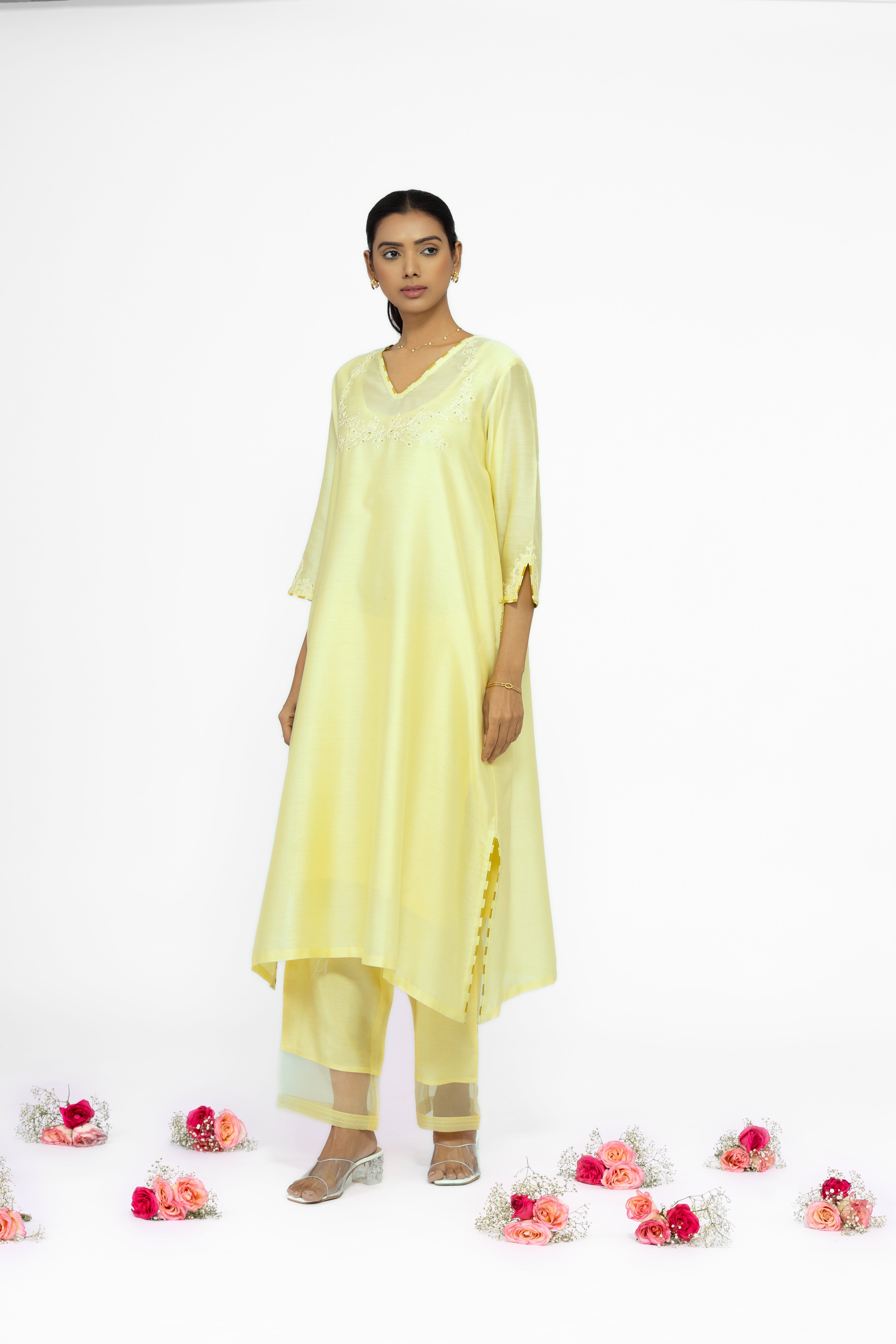 LEMON YELLOW - V NECK - CHANDERI SILK  A-LINE KURTA SET