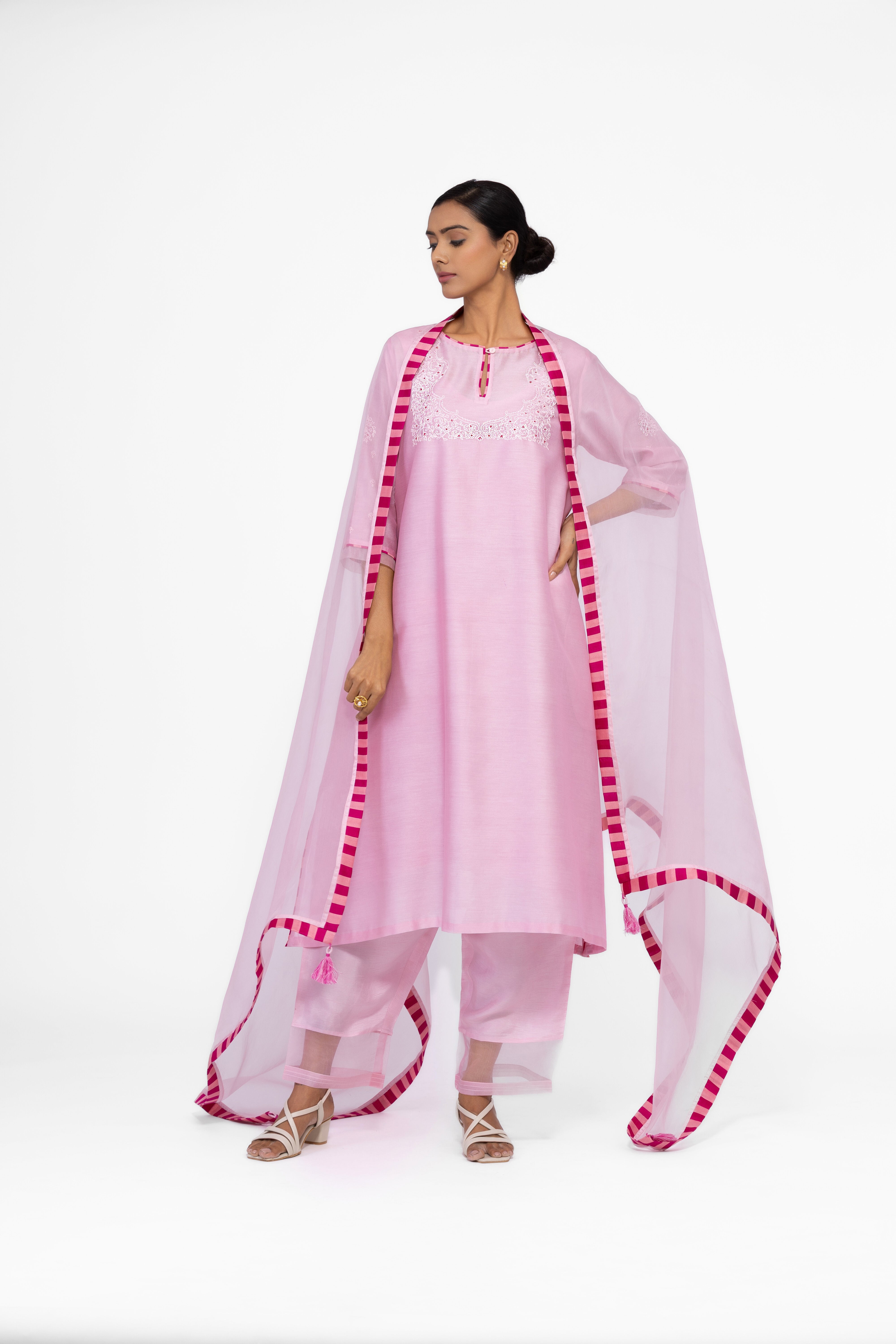 ROSE PETAL - ROUND NECK - CHANDERI SILK  A-LINE KURTA SET