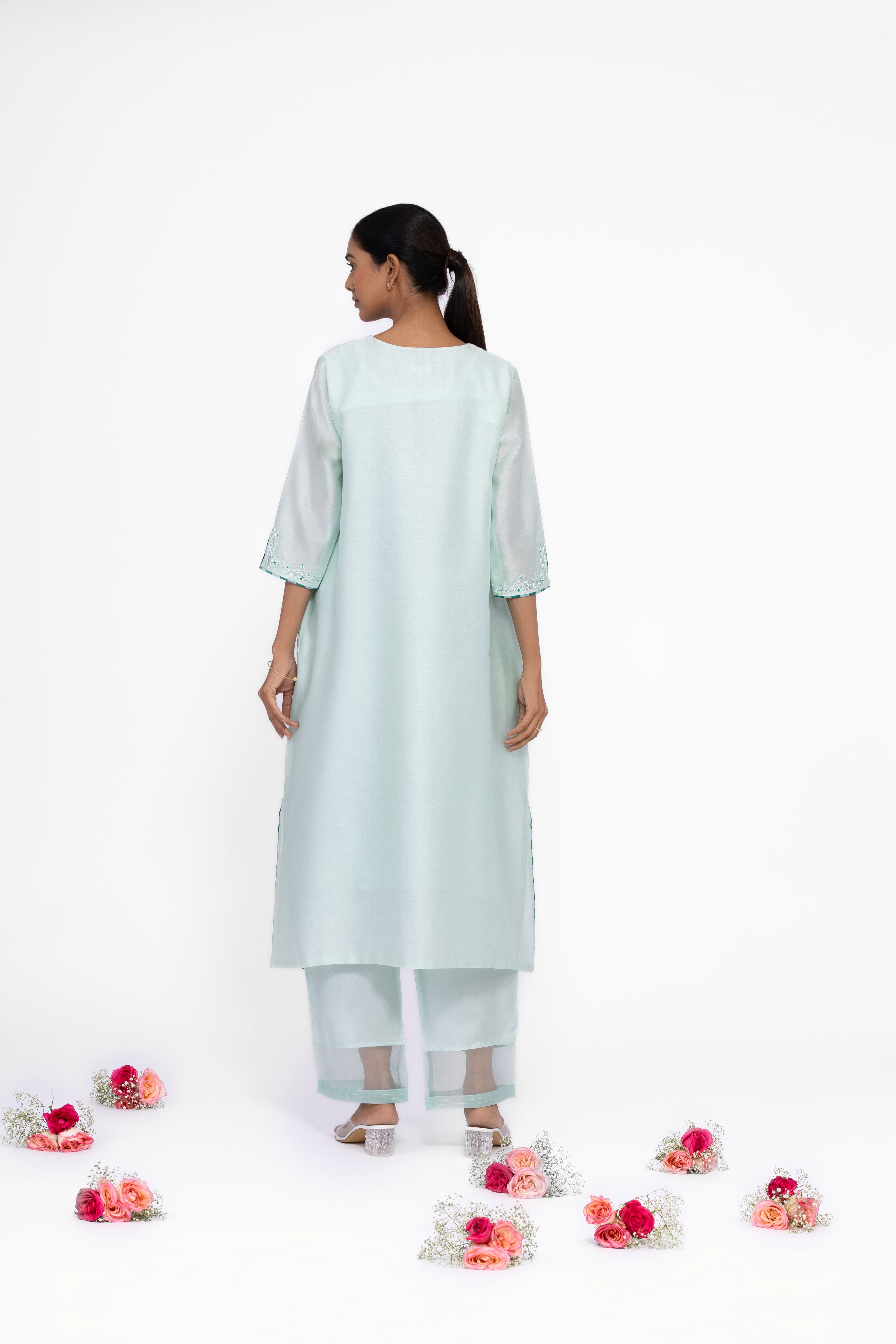 JADE GREEN - V NECK - CHANDERI SILK  A-LINE KURTA SET