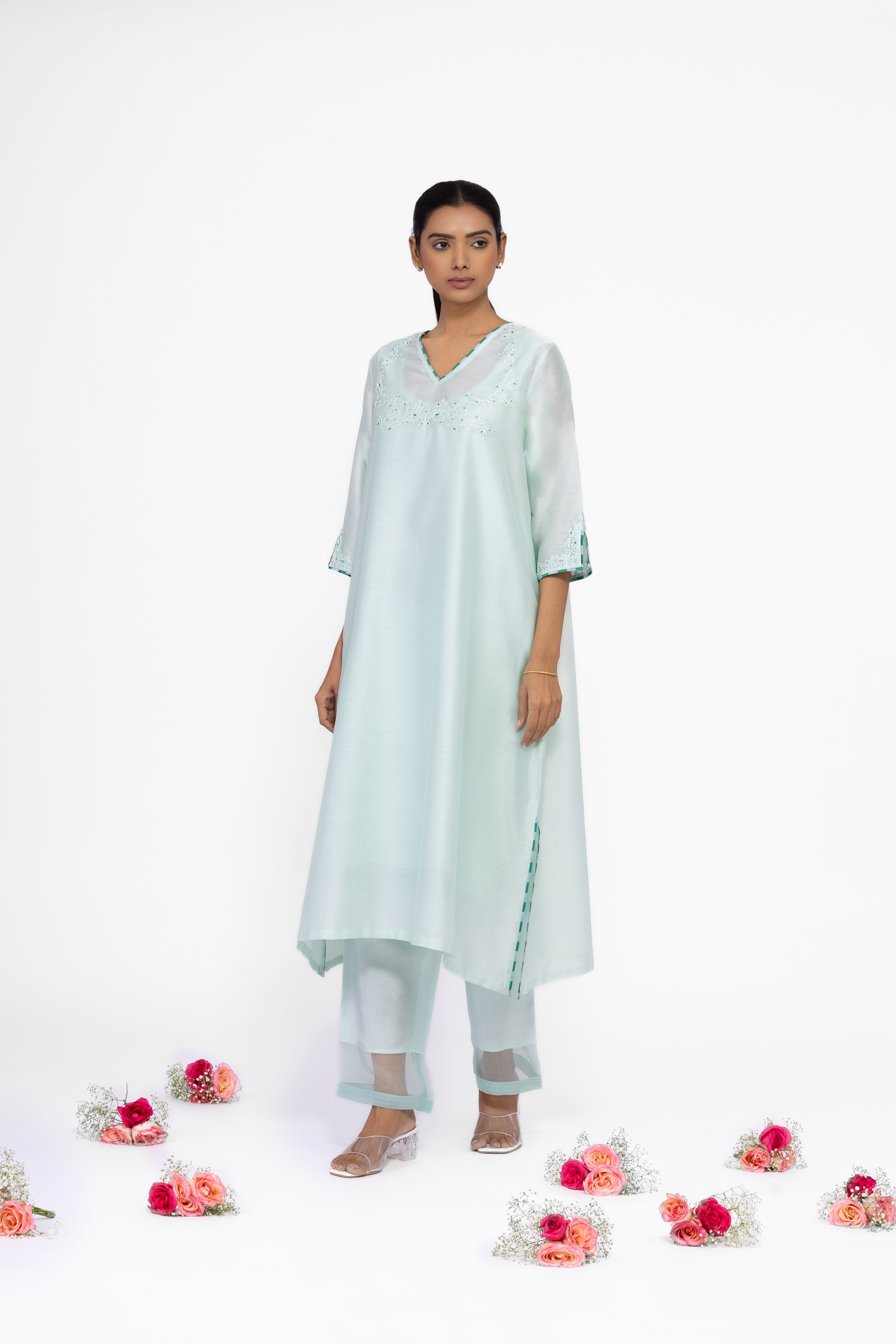 JADE GREEN - V NECK - CHANDERI SILK  A-LINE KURTA SET