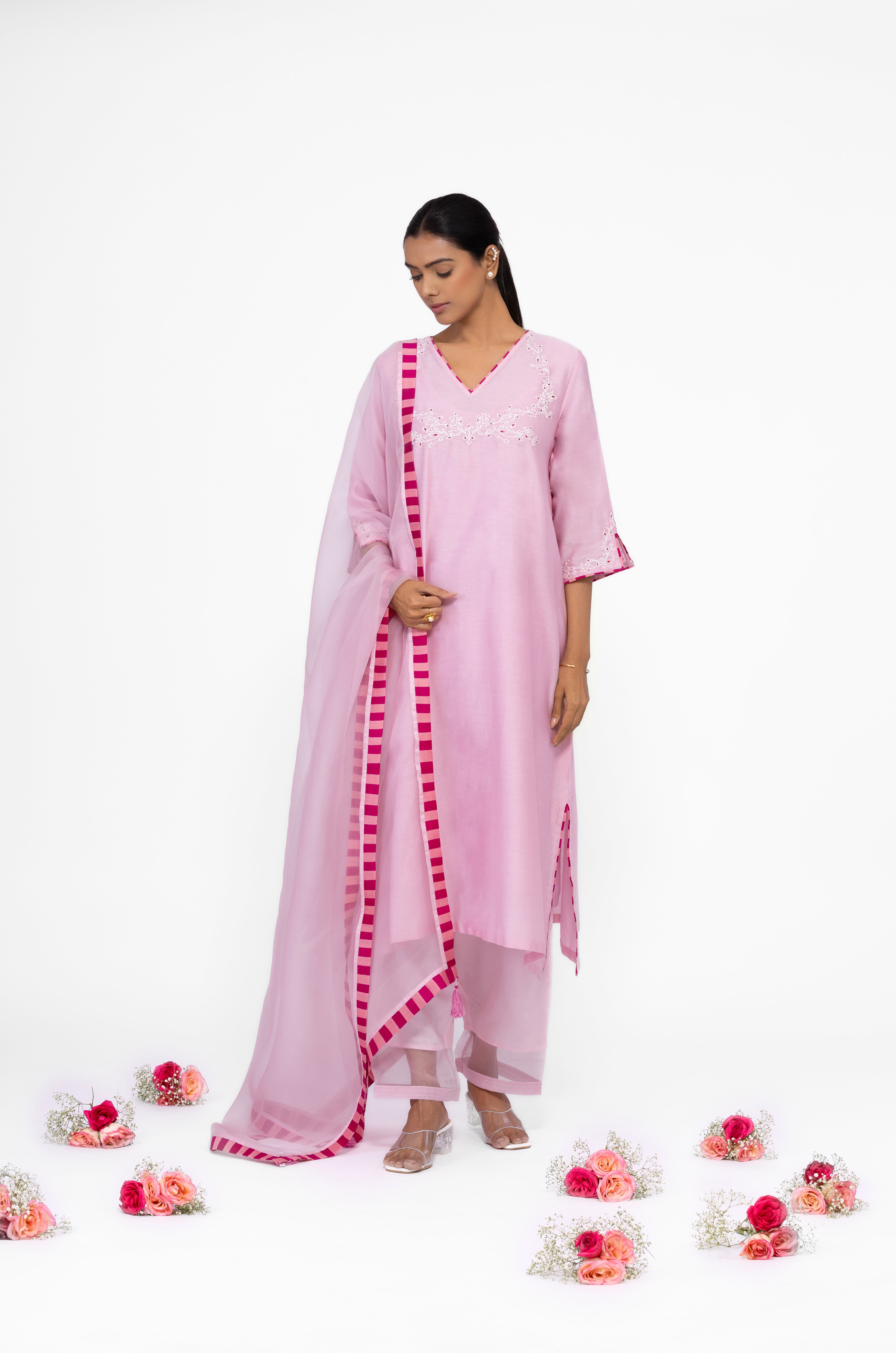 ROSE PETAL - V NECK - CHANDERI SILK  A-LINE KURTA SET