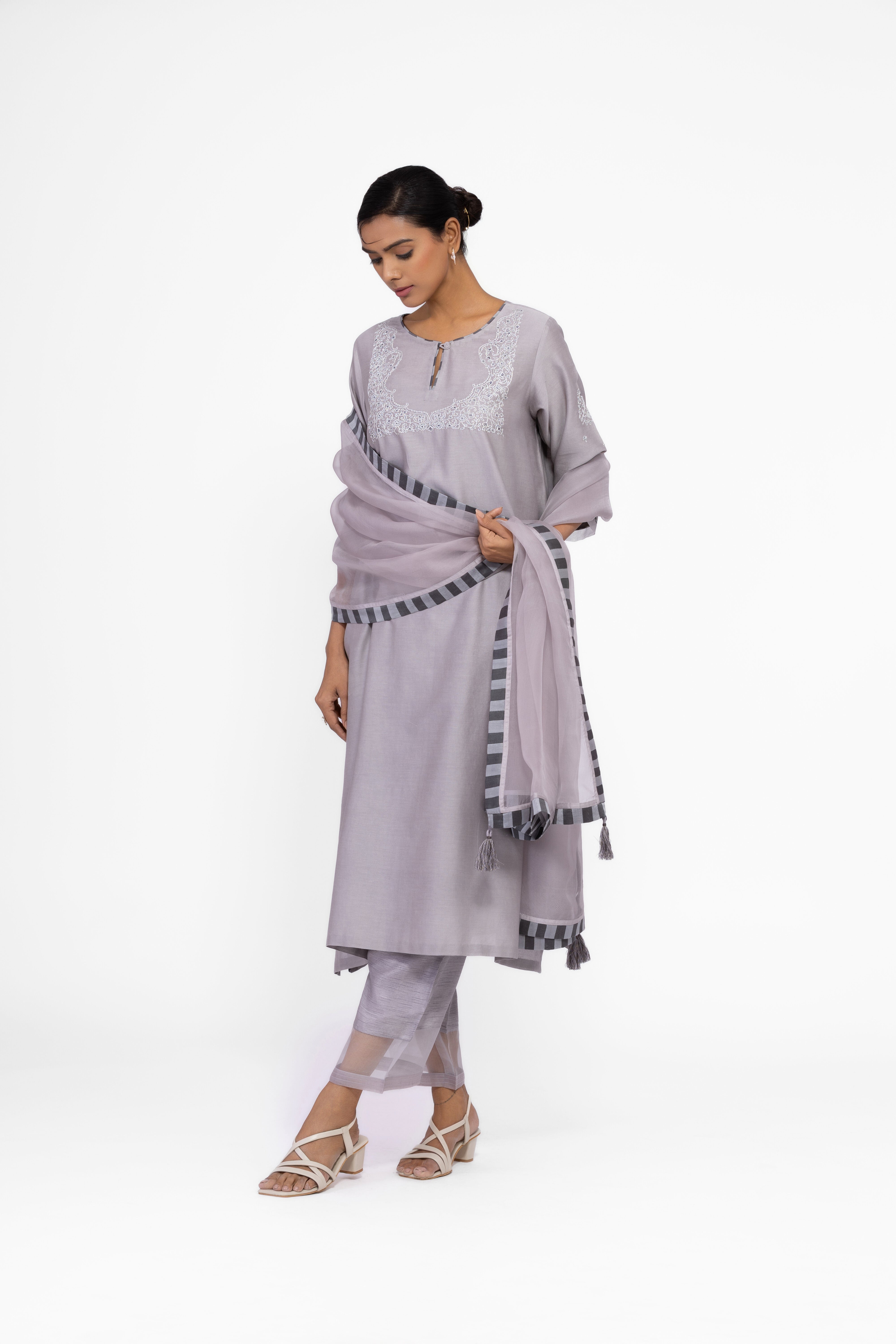 SILVER GREY - ROUND NECK - CHANDERI SILK  A-LINE KURTA SET