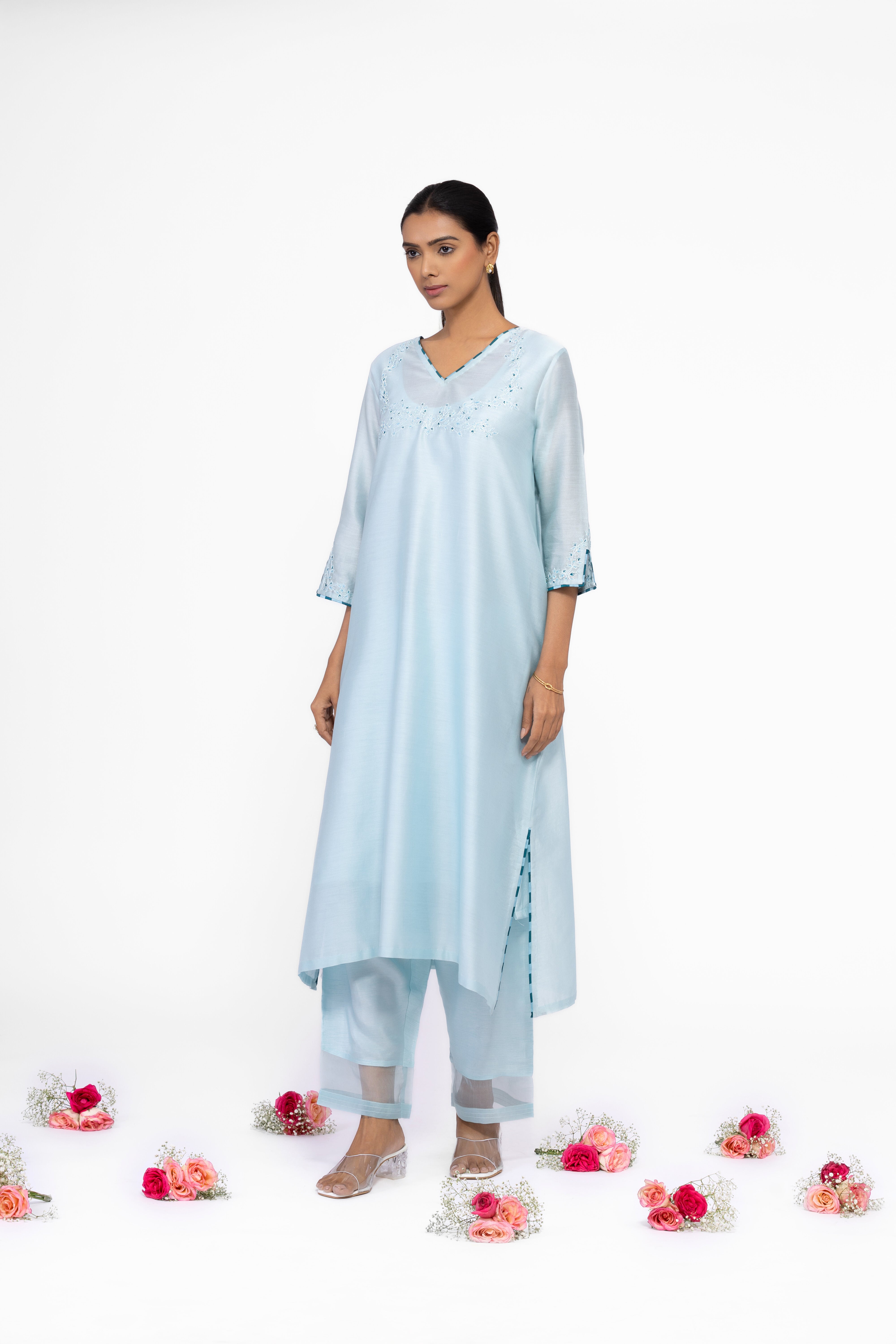 ICE BLUE - V NECK - CHANDERI SILK  A-LINE KURTA SET