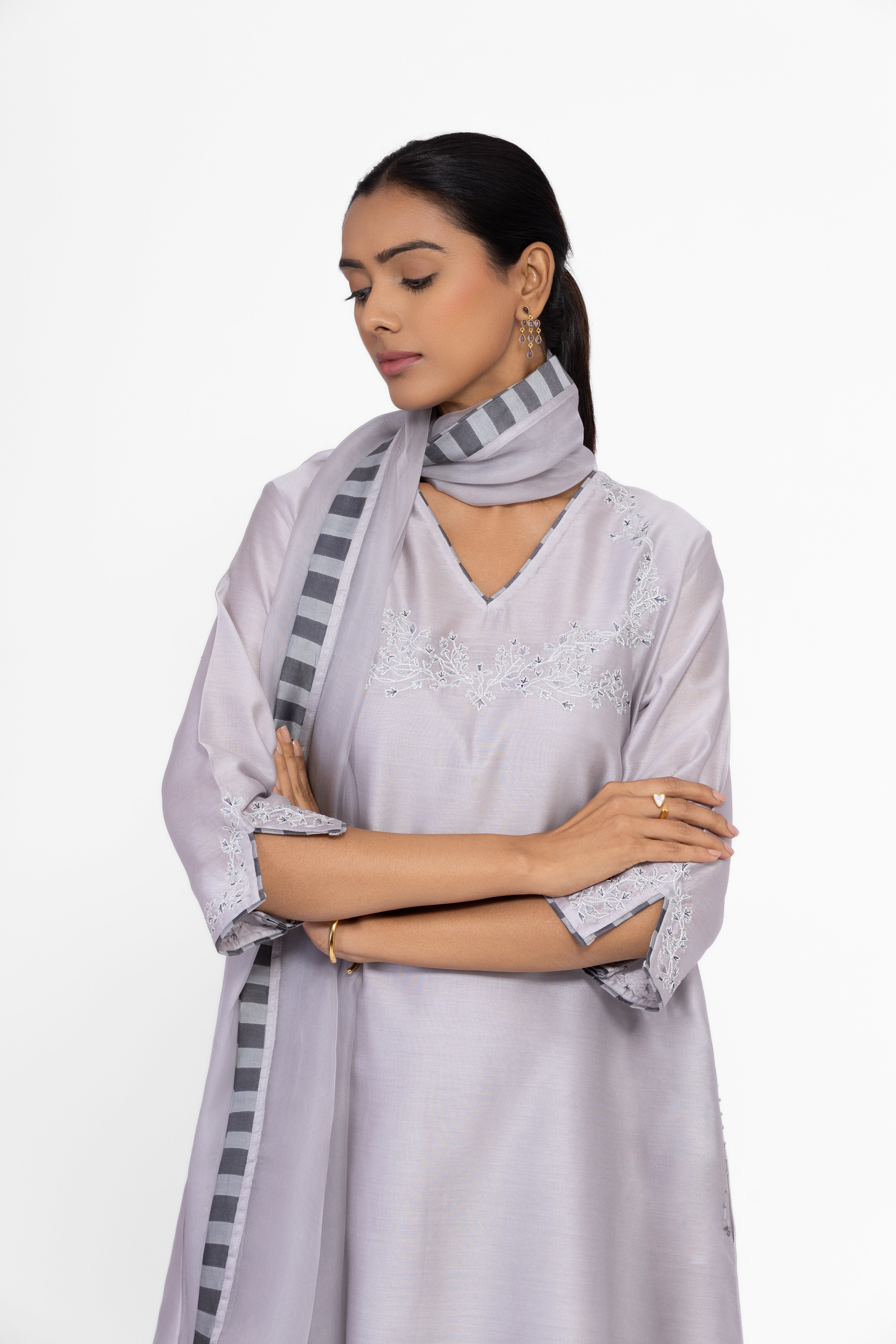 SILVER GREY - V NECK - CHANDERI SILK  A-LINE KURTA SET