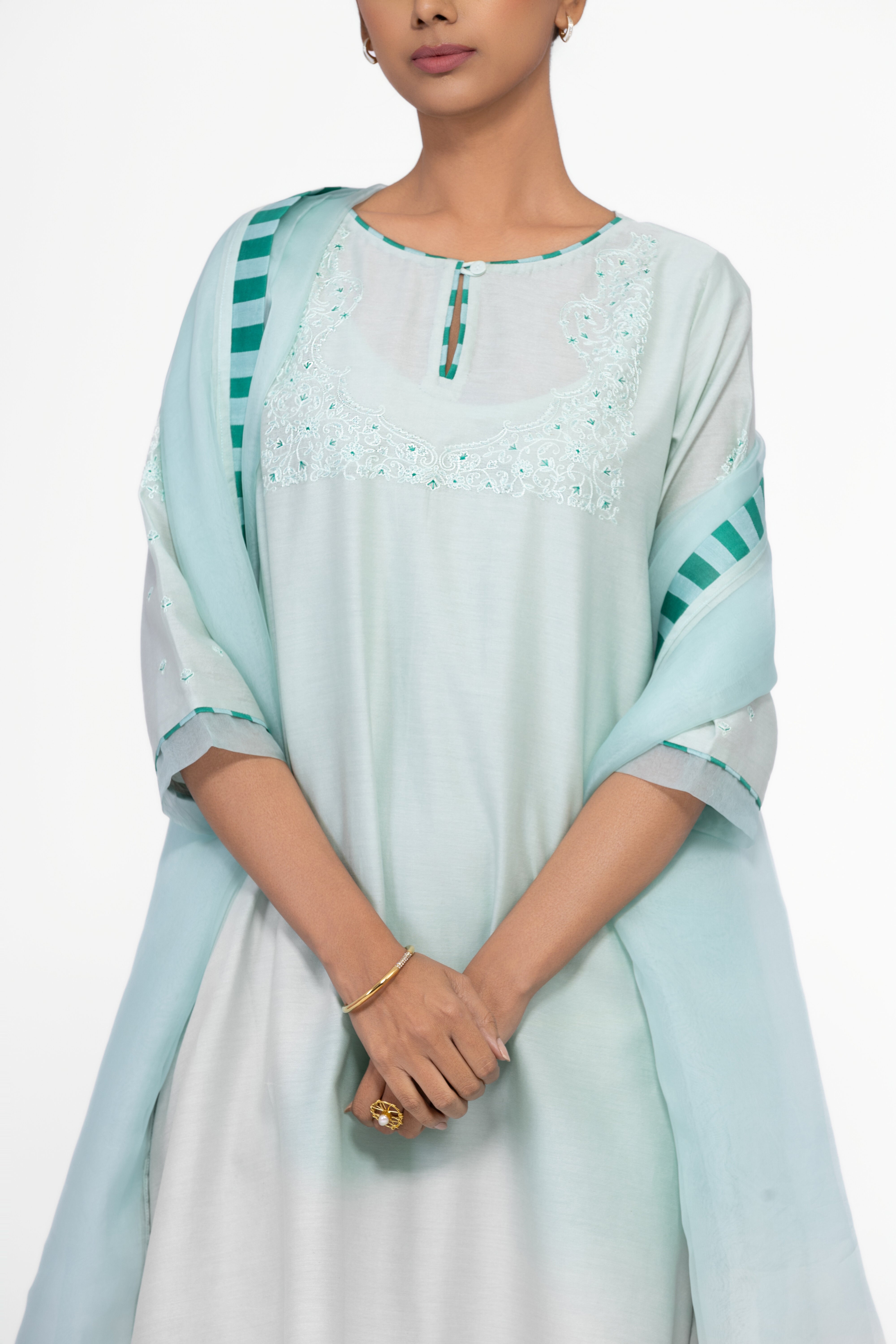 JADE GREEN - ROUND NECK - CHANDERI SILK  A-LINE KURTA SET