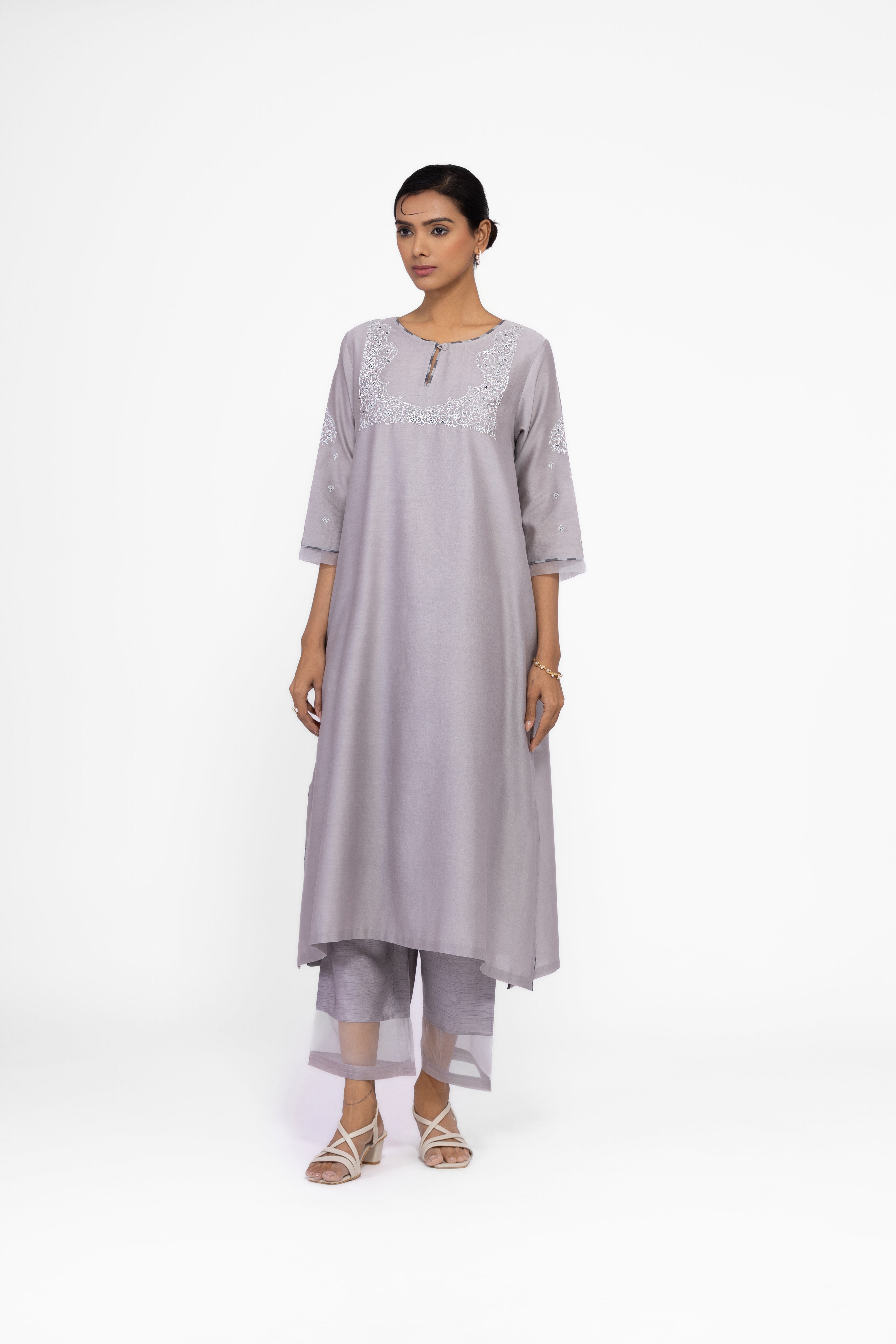 SILVER GREY - ROUND NECK - CHANDERI SILK  A-LINE KURTA SET