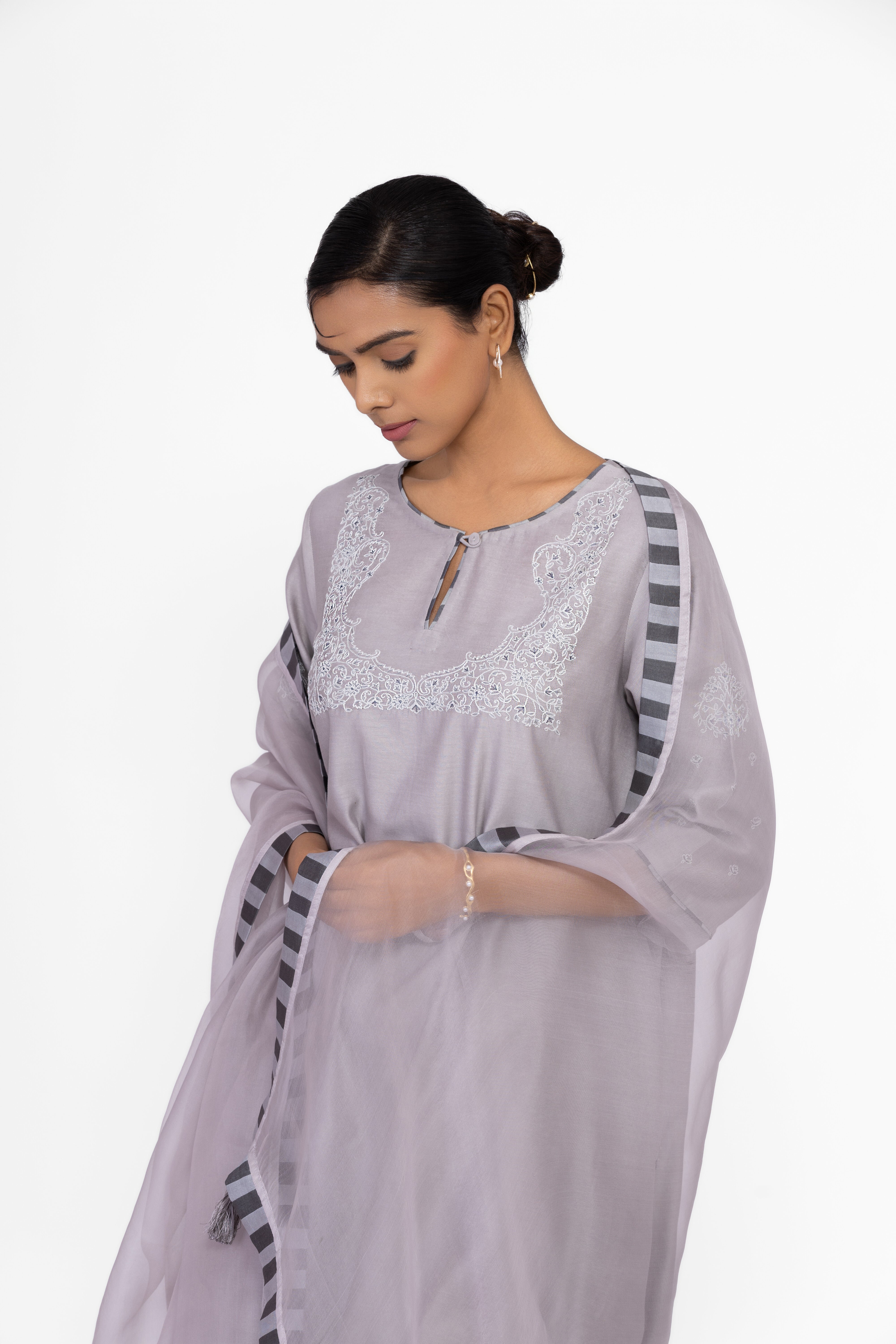 SILVER GREY - ROUND NECK - CHANDERI SILK  A-LINE KURTA SET