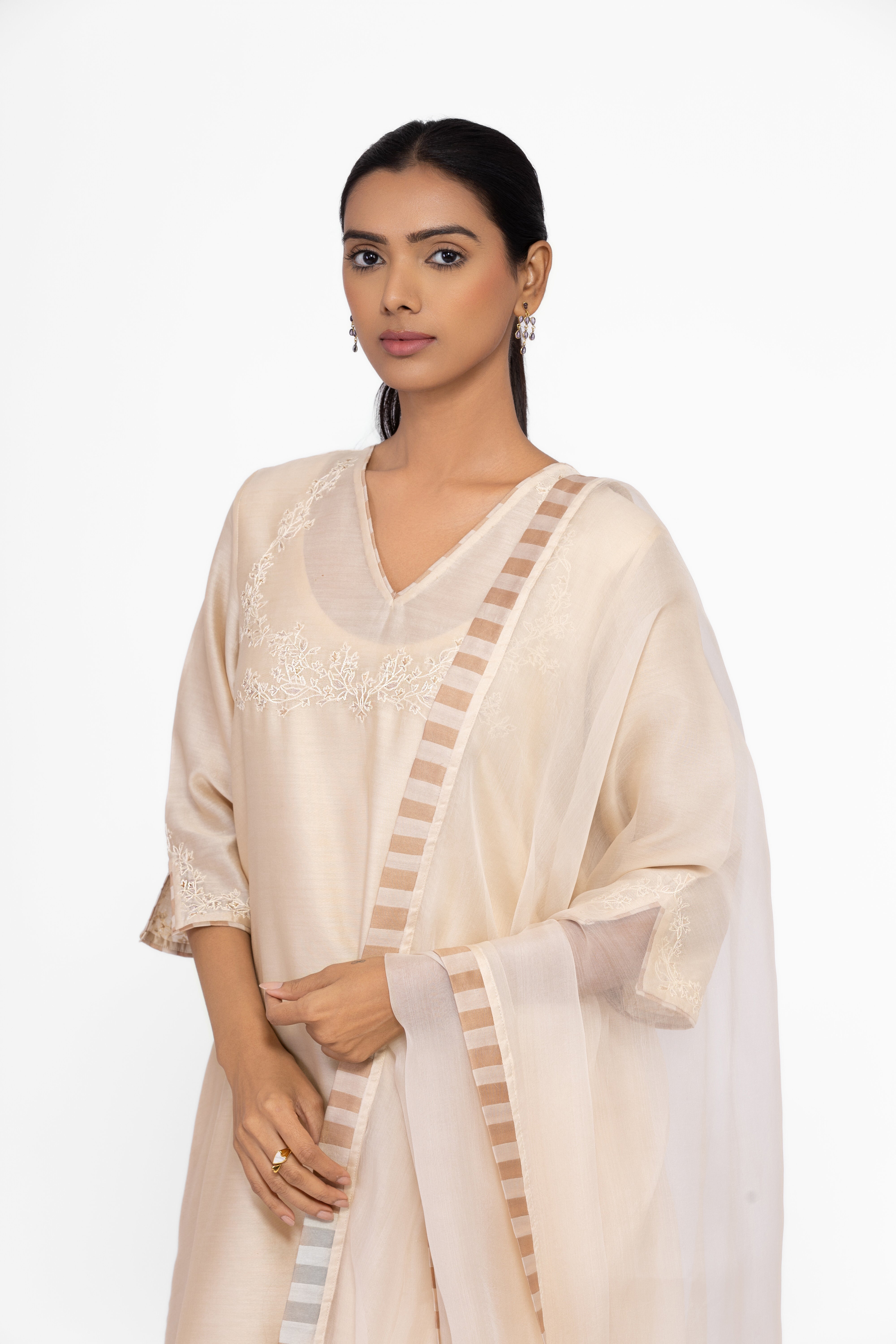 SOFT BEIGE - V NECK - CHANDERI SILK  A-LINE KURTA SET