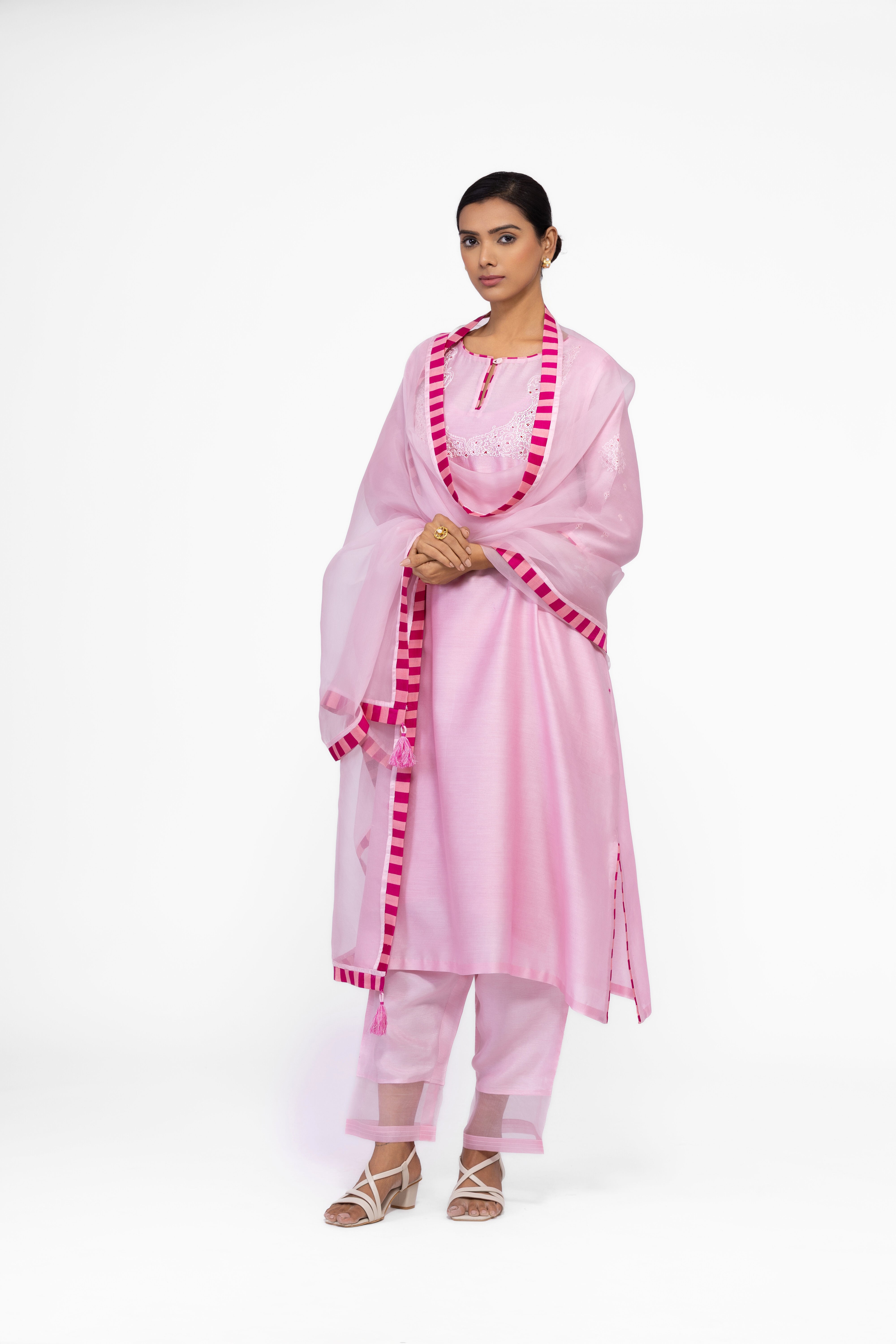 ROSE PETAL - ROUND NECK - CHANDERI SILK  A-LINE KURTA SET