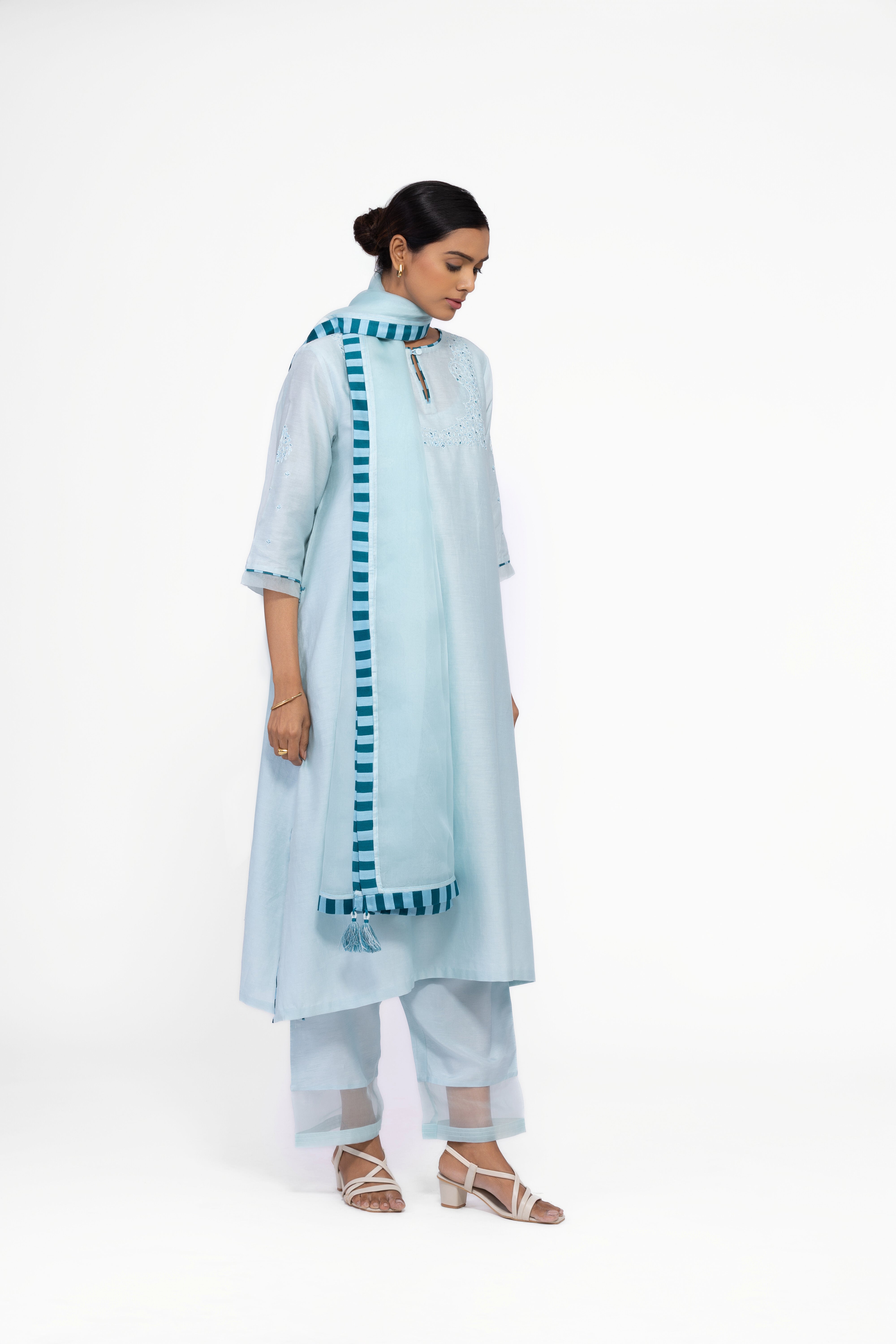 ICE BLUE - ROUND NECK - CHANDERI SILK  A-LINE KURTA SET