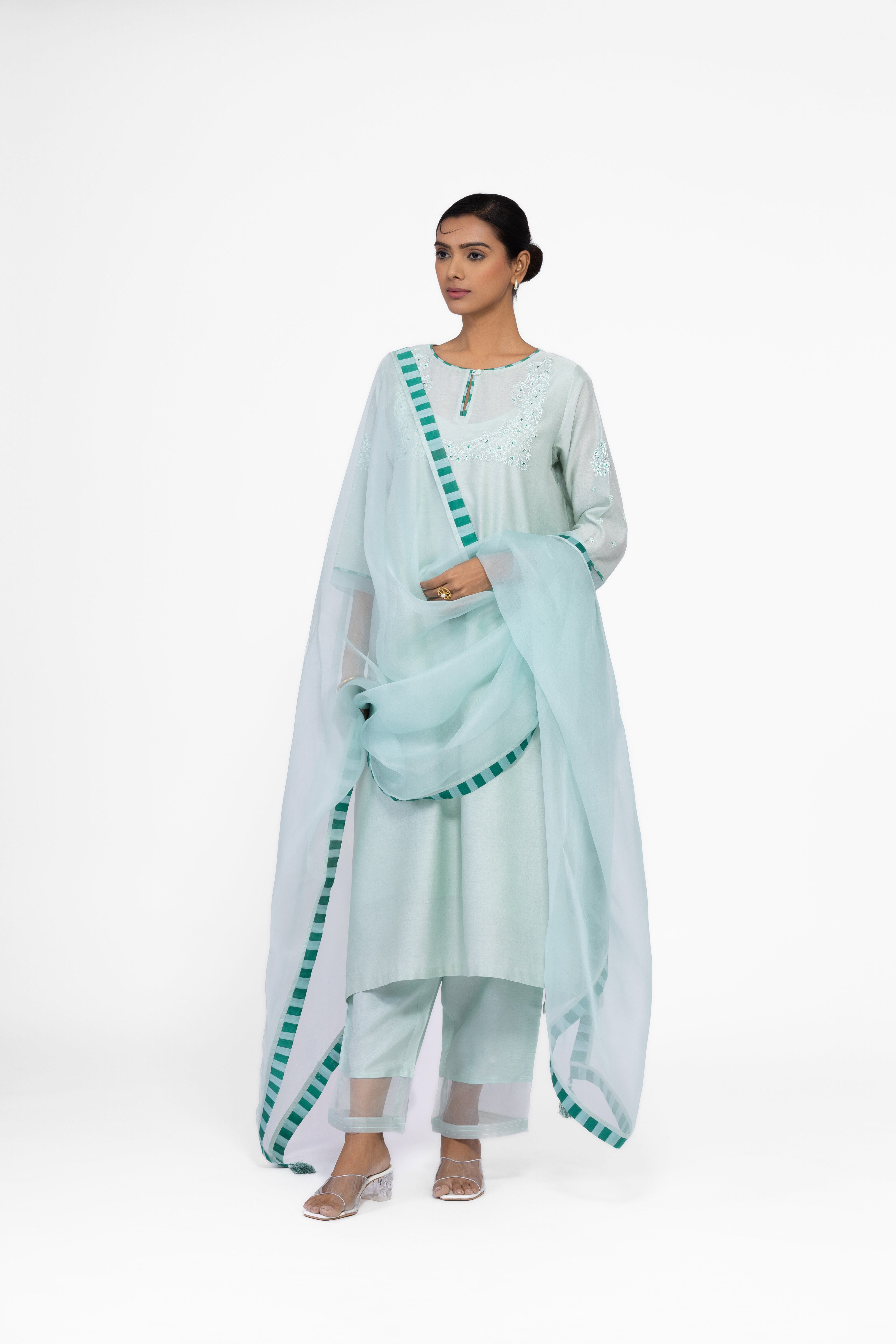 JADE GREEN - ROUND NECK - CHANDERI SILK  A-LINE KURTA SET