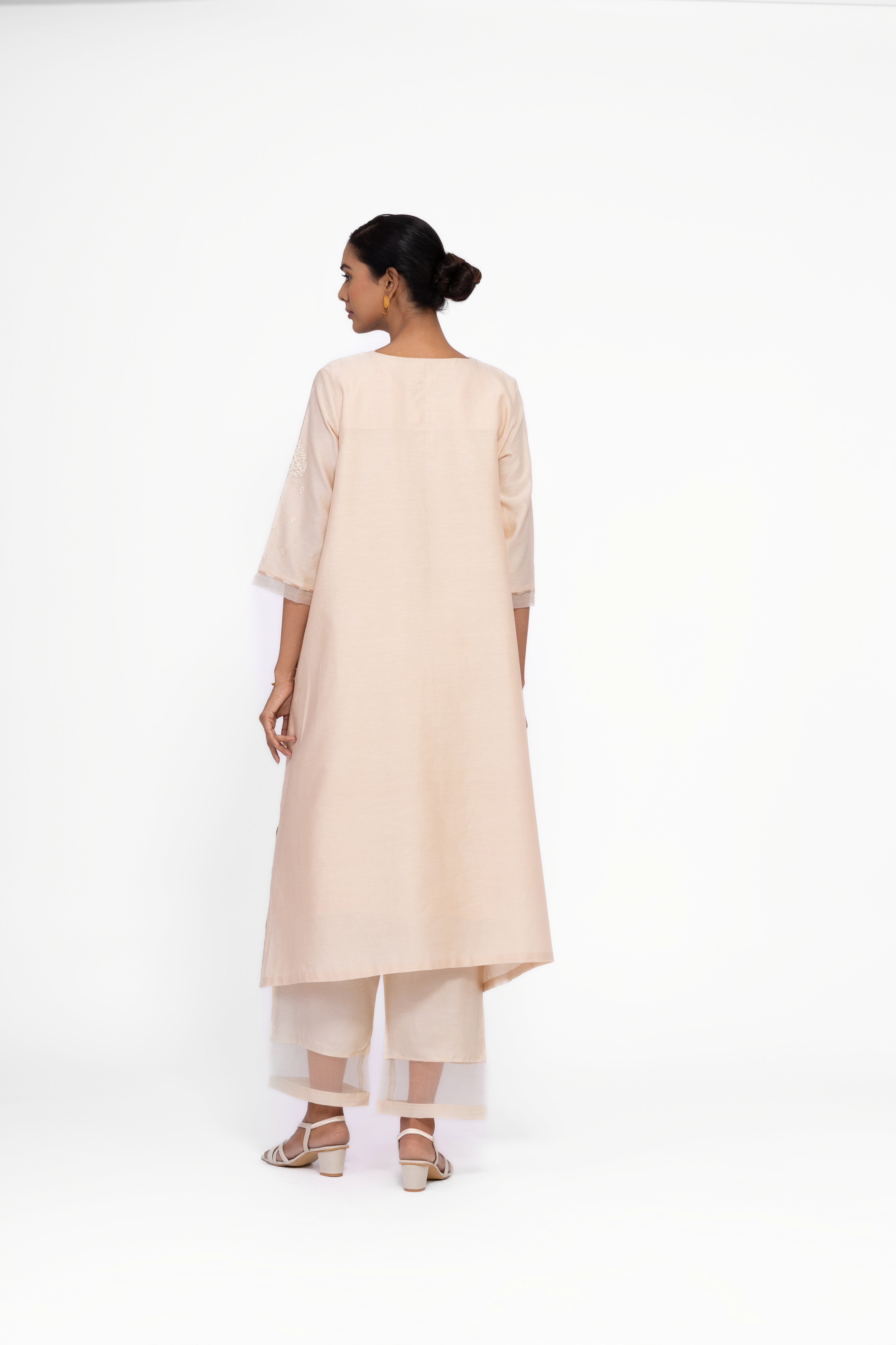 SOFT BEIGE - ROUND NECK - CHANDERI SILK  A-LINE KURTA SET