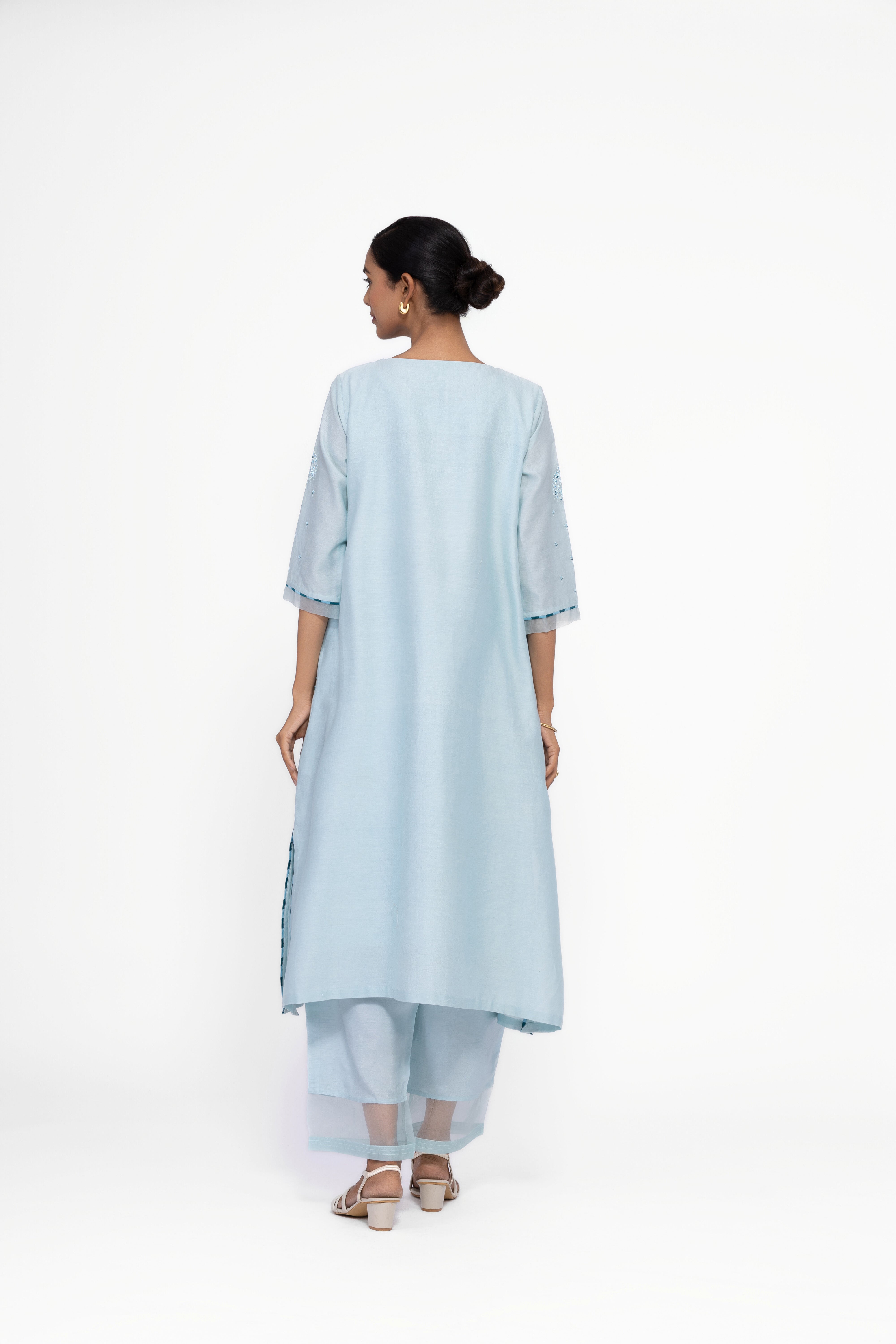 ICE BLUE - ROUND NECK - CHANDERI SILK  A-LINE KURTA SET