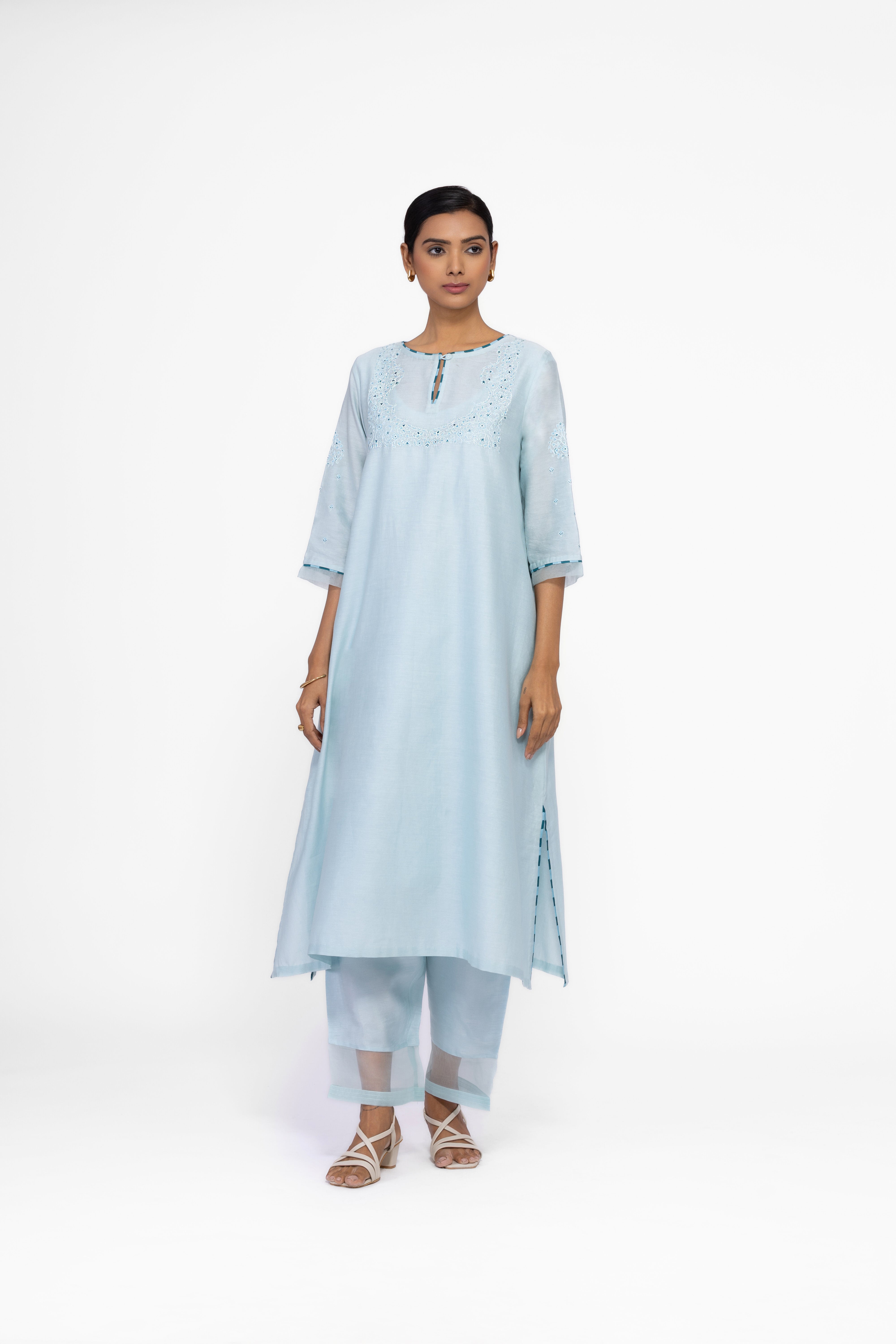 ICE BLUE - ROUND NECK - CHANDERI SILK  A-LINE KURTA SET