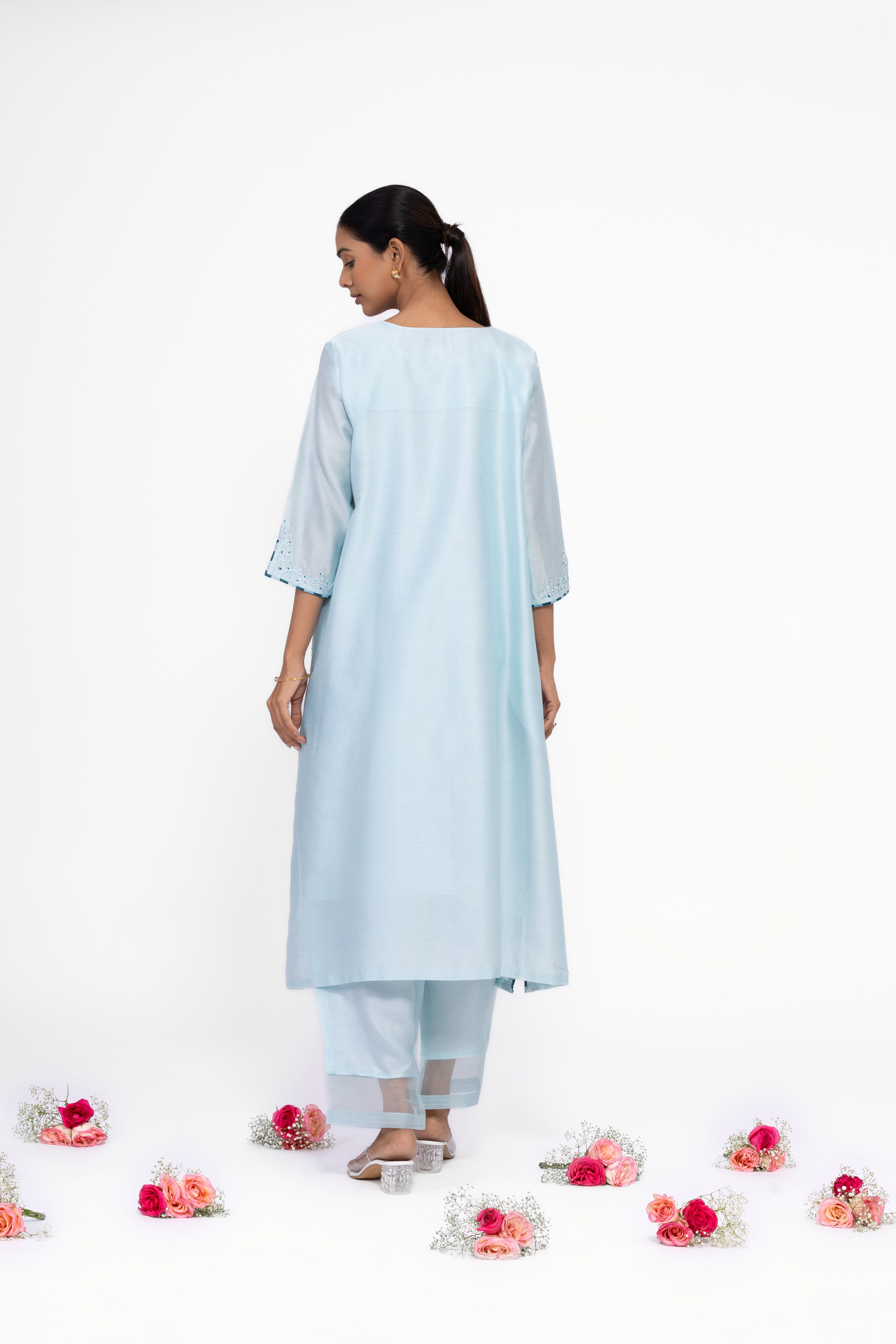 ICE BLUE - V NECK - CHANDERI SILK  A-LINE KURTA SET