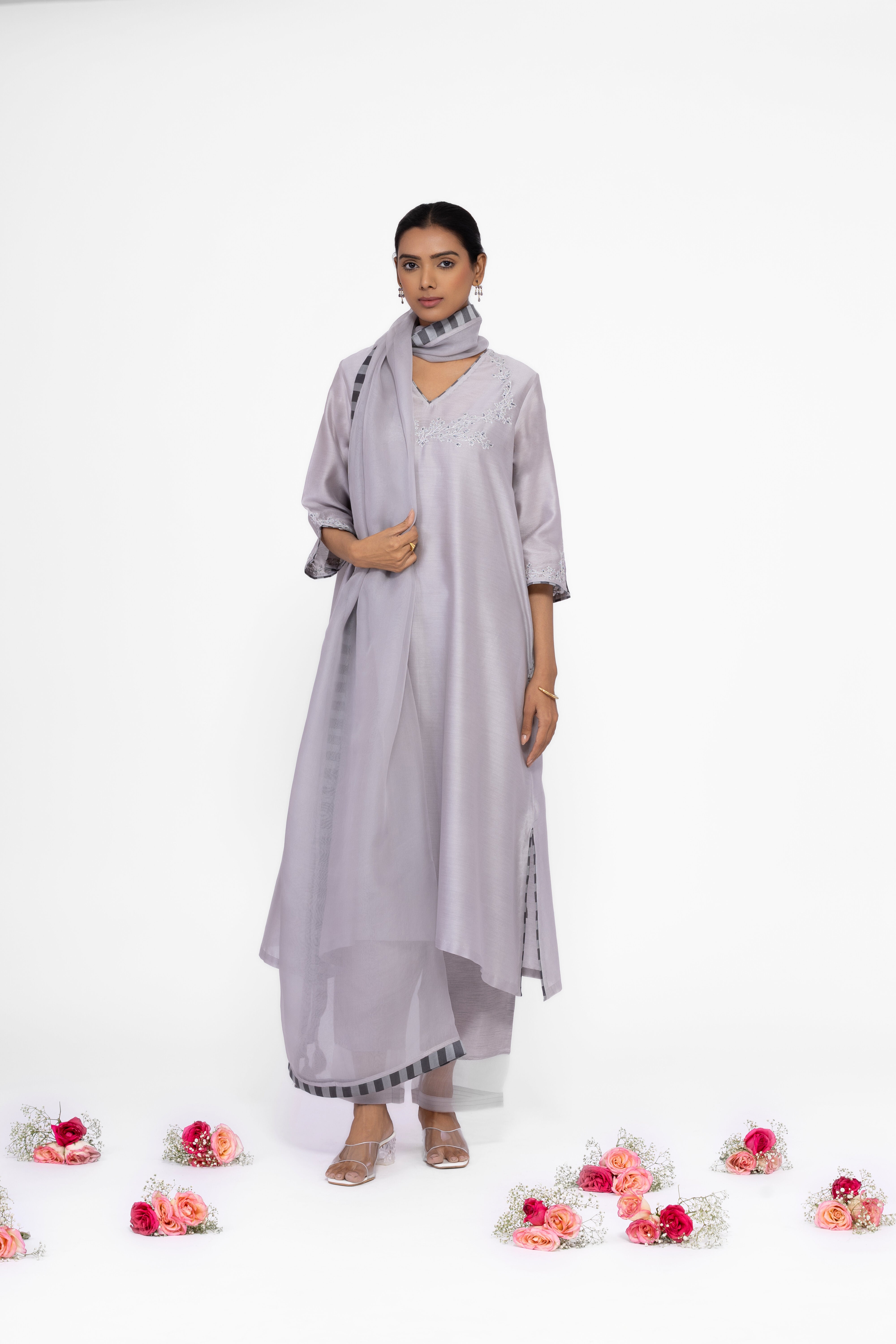 SILVER GREY - V NECK - CHANDERI SILK  A-LINE KURTA SET