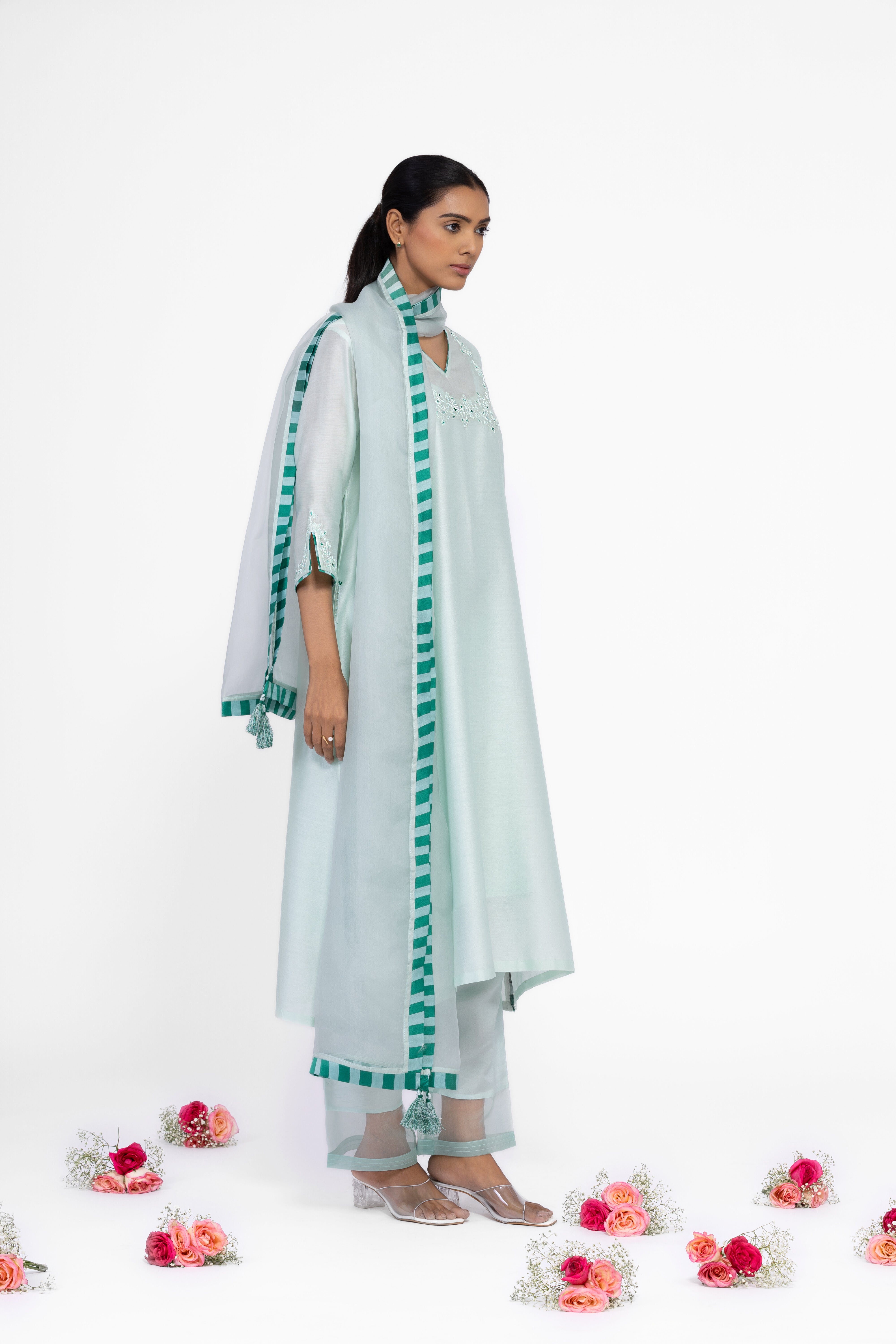 JADE GREEN - V NECK - CHANDERI SILK  A-LINE KURTA SET