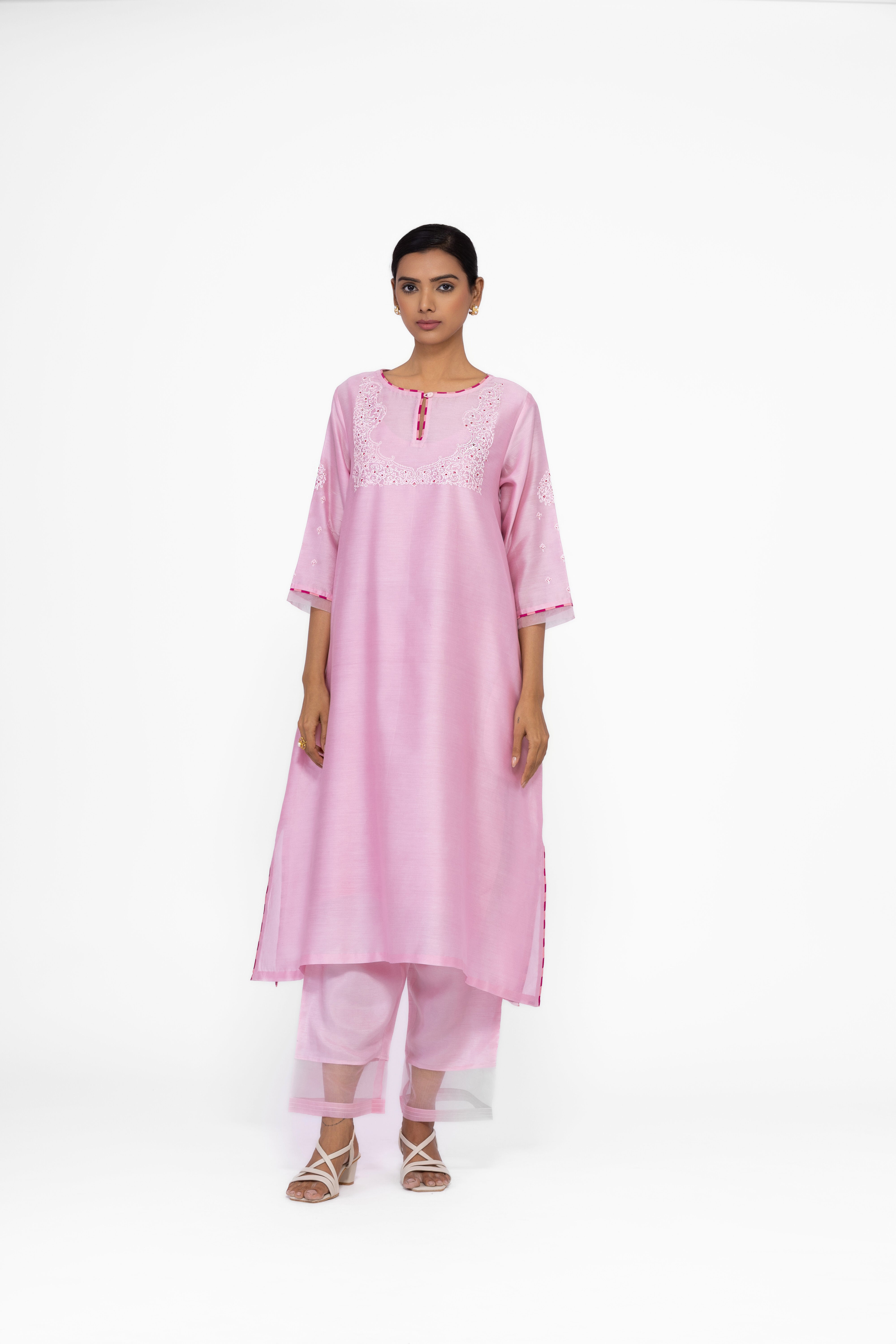 ROSE PETAL - ROUND NECK - CHANDERI SILK  A-LINE KURTA SET