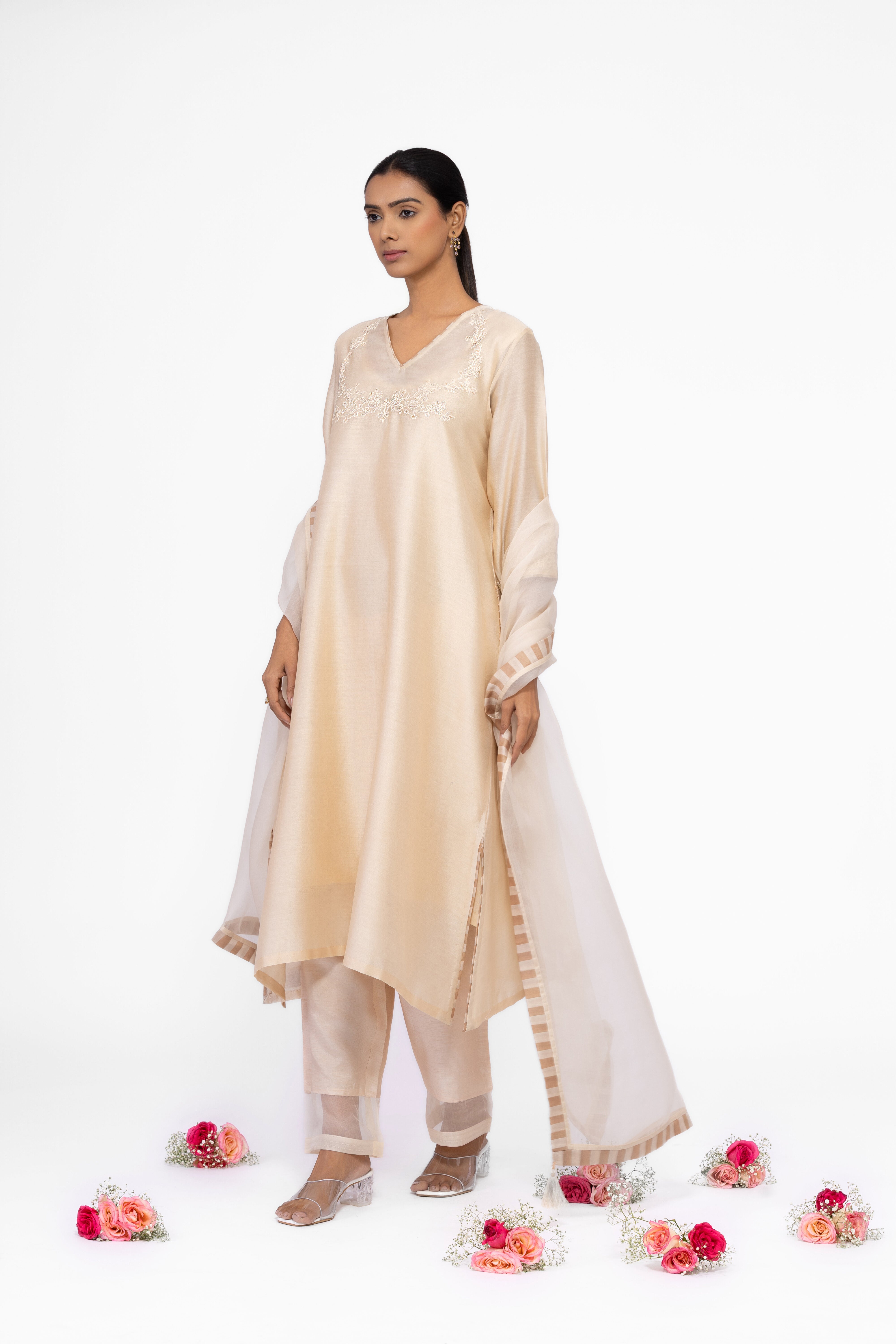 SOFT BEIGE - V NECK - CHANDERI SILK  A-LINE KURTA SET