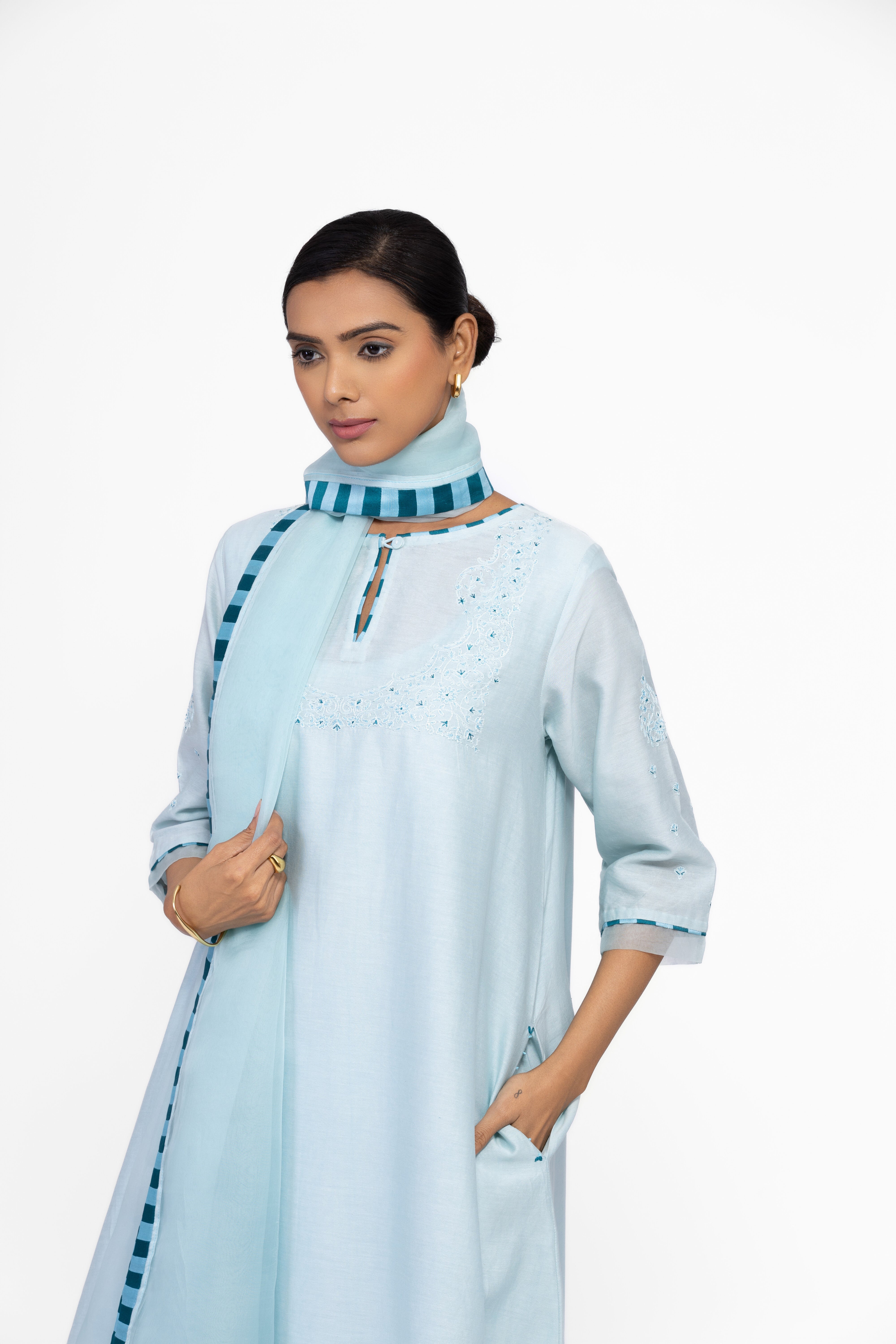 ICE BLUE - ROUND NECK - CHANDERI SILK  A-LINE KURTA SET