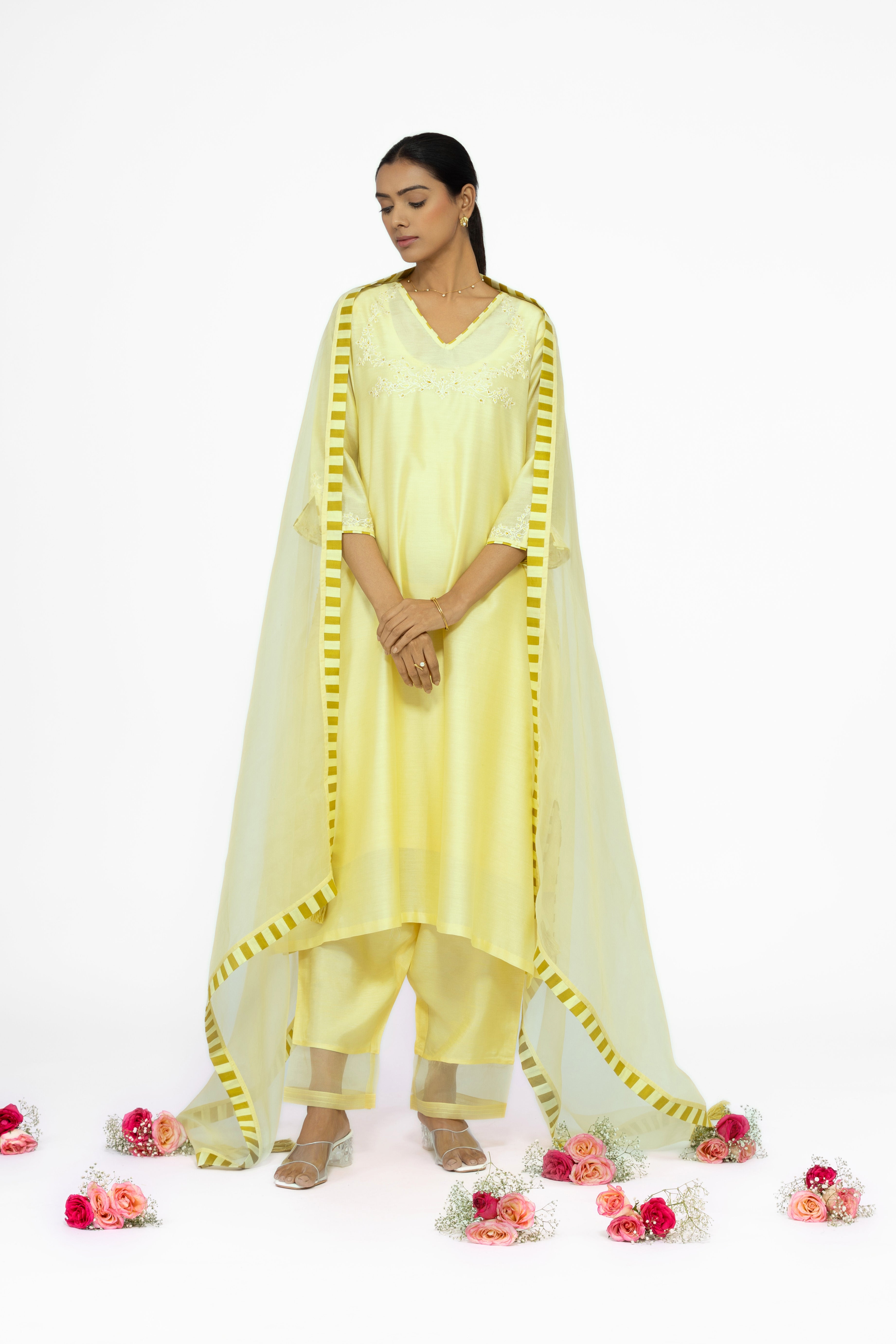 LEMON YELLOW - V NECK - CHANDERI SILK  A-LINE KURTA SET