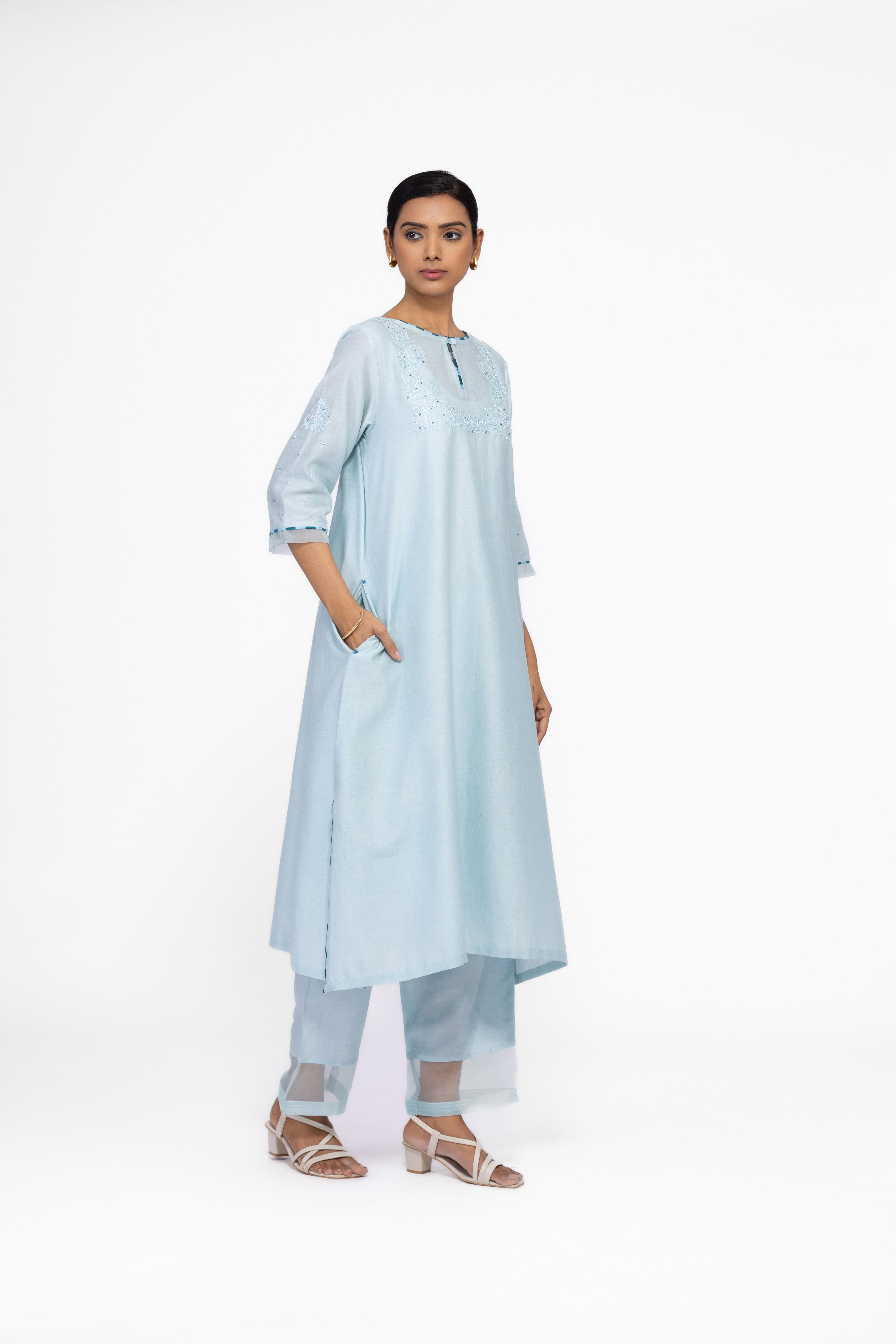 ICE BLUE - ROUND NECK - CHANDERI SILK  A-LINE KURTA SET