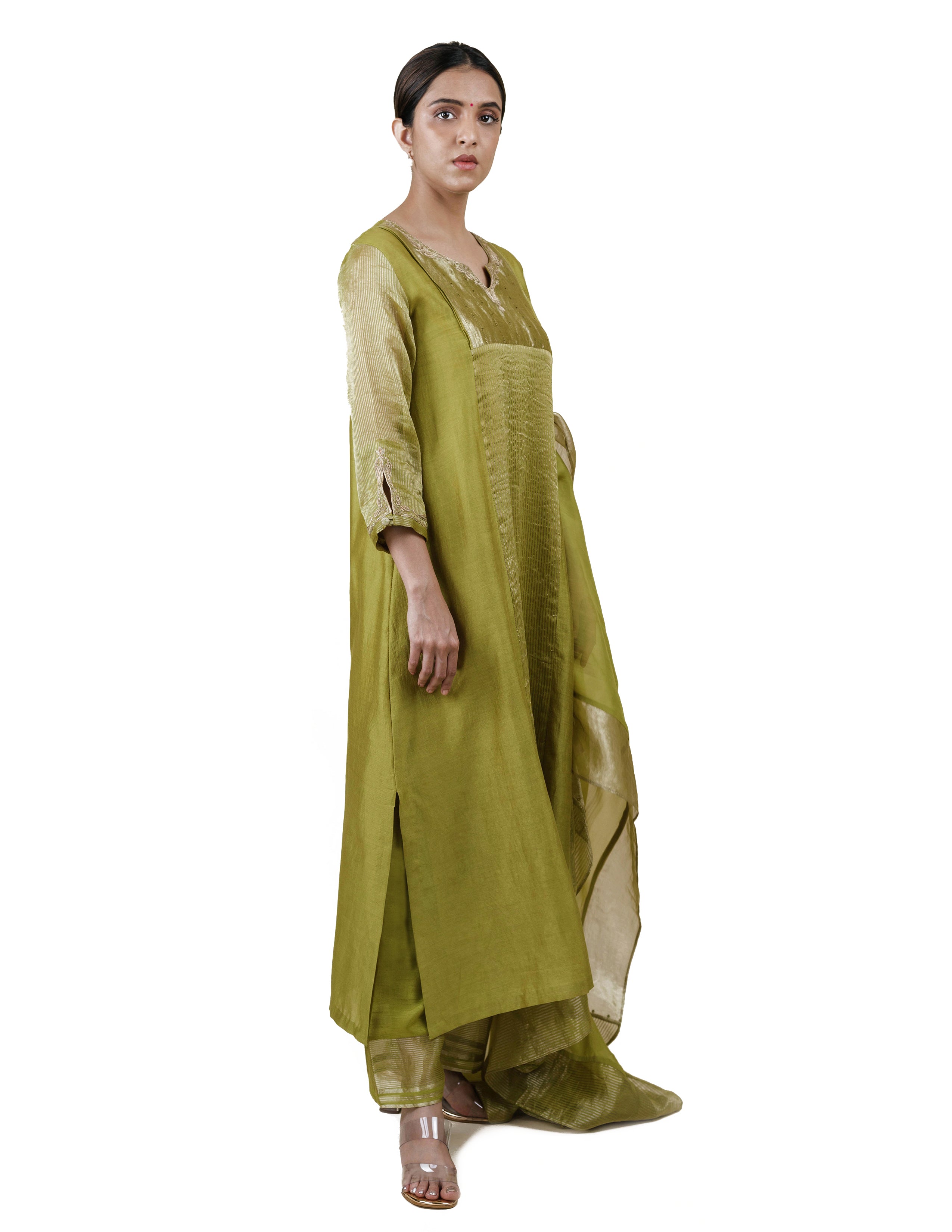 Fresh Green Tissue Stripes/Chanderi Silk - A-line Kurta Set