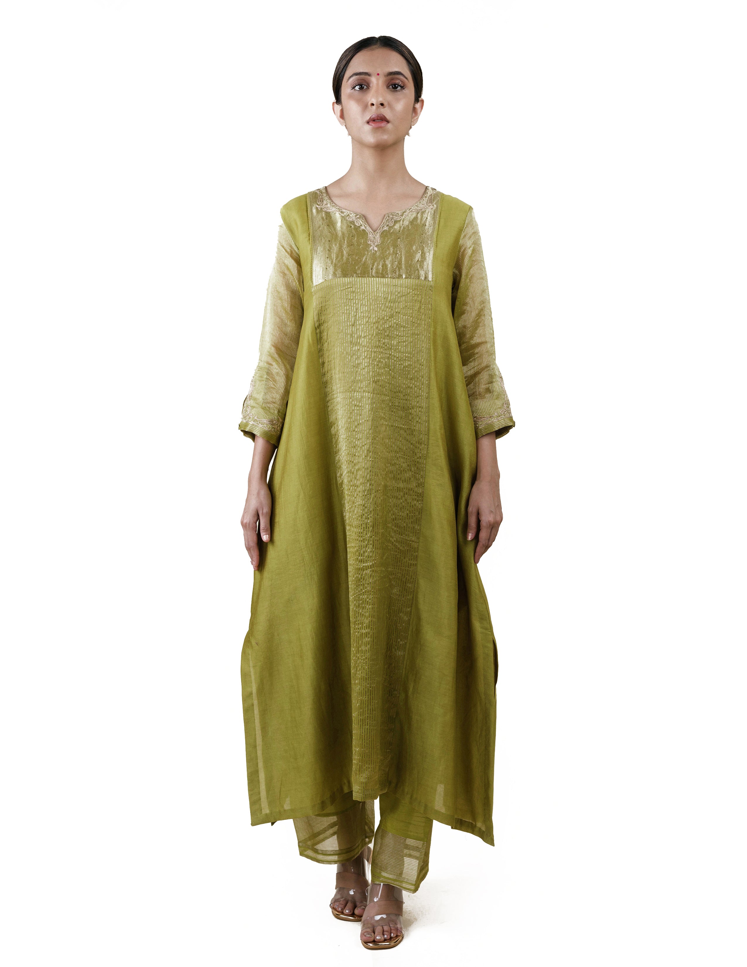 Fresh Green Tissue Stripes/Chanderi Silk - A-line Kurta Set