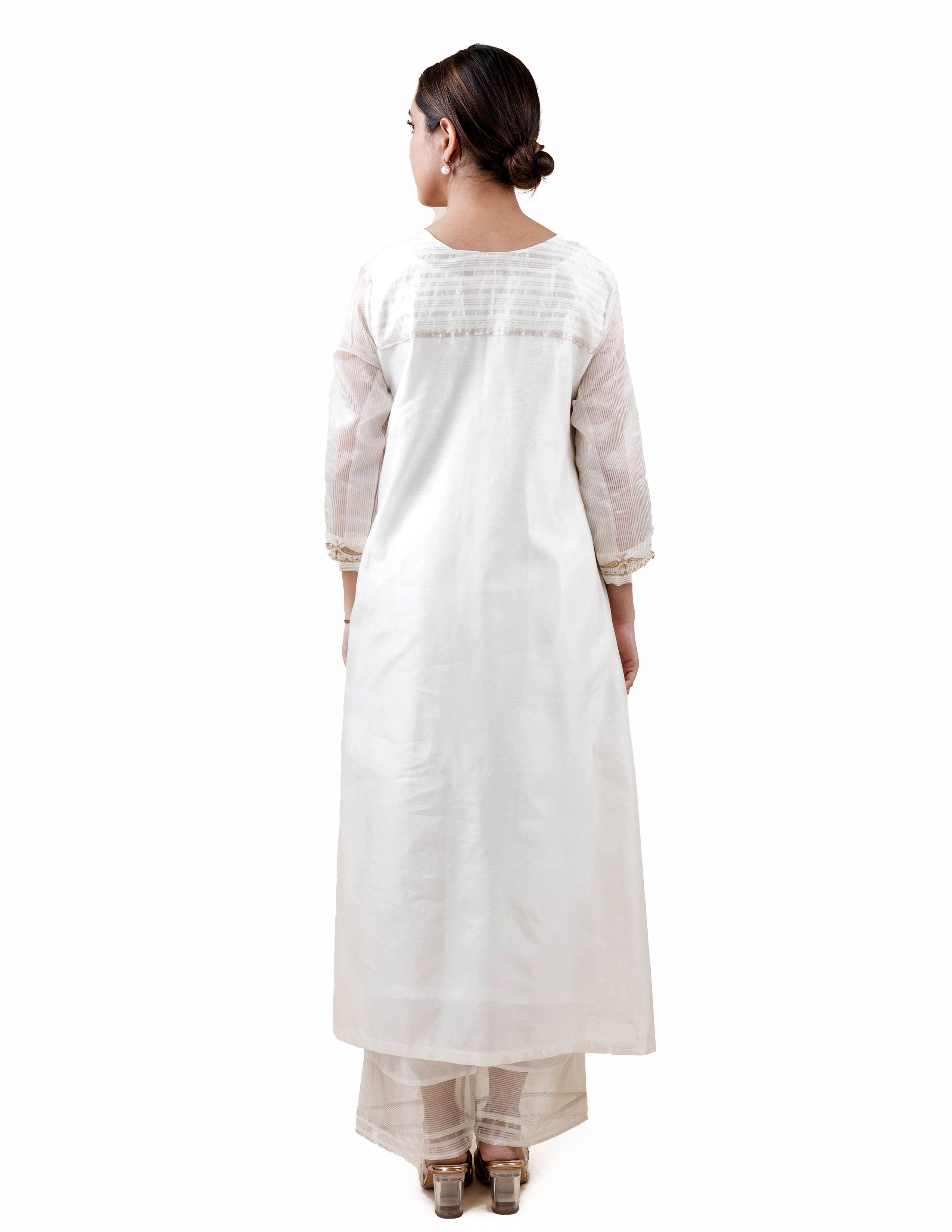 Off White Tissue Stripes/Chanderi Silk - A-line Kurta Set