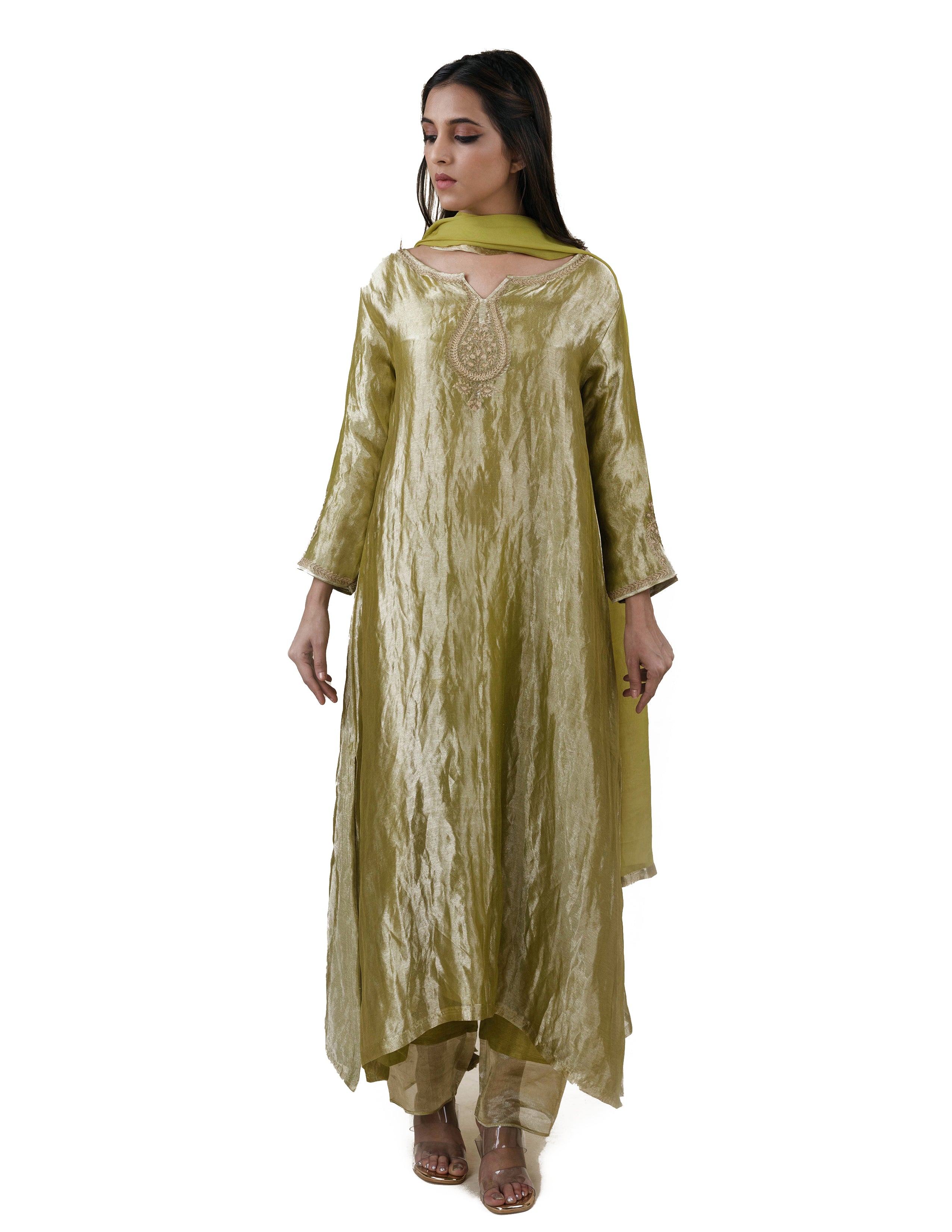 Green Tissue  - A-line Kurta Set