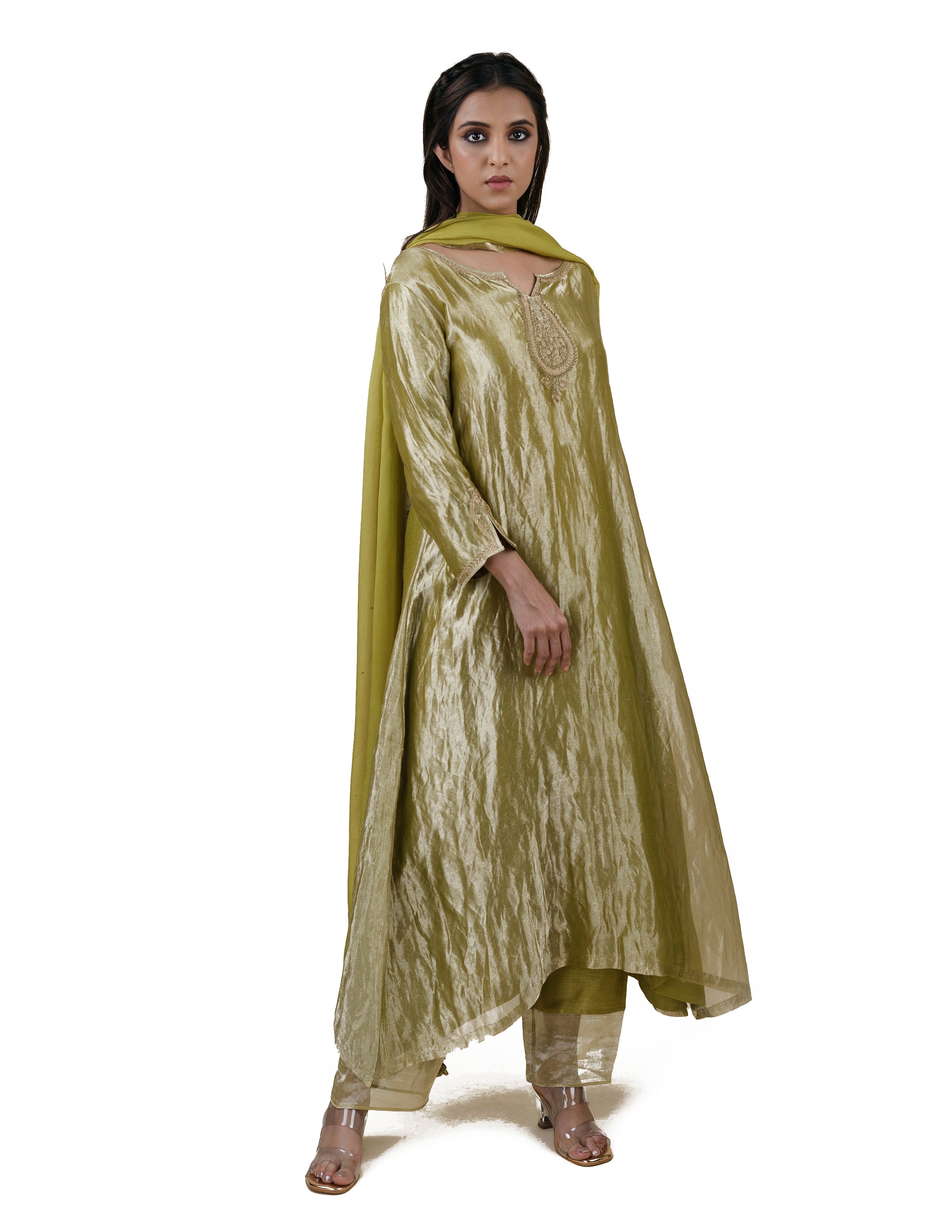 Green Tissue  - A-line Kurta Set