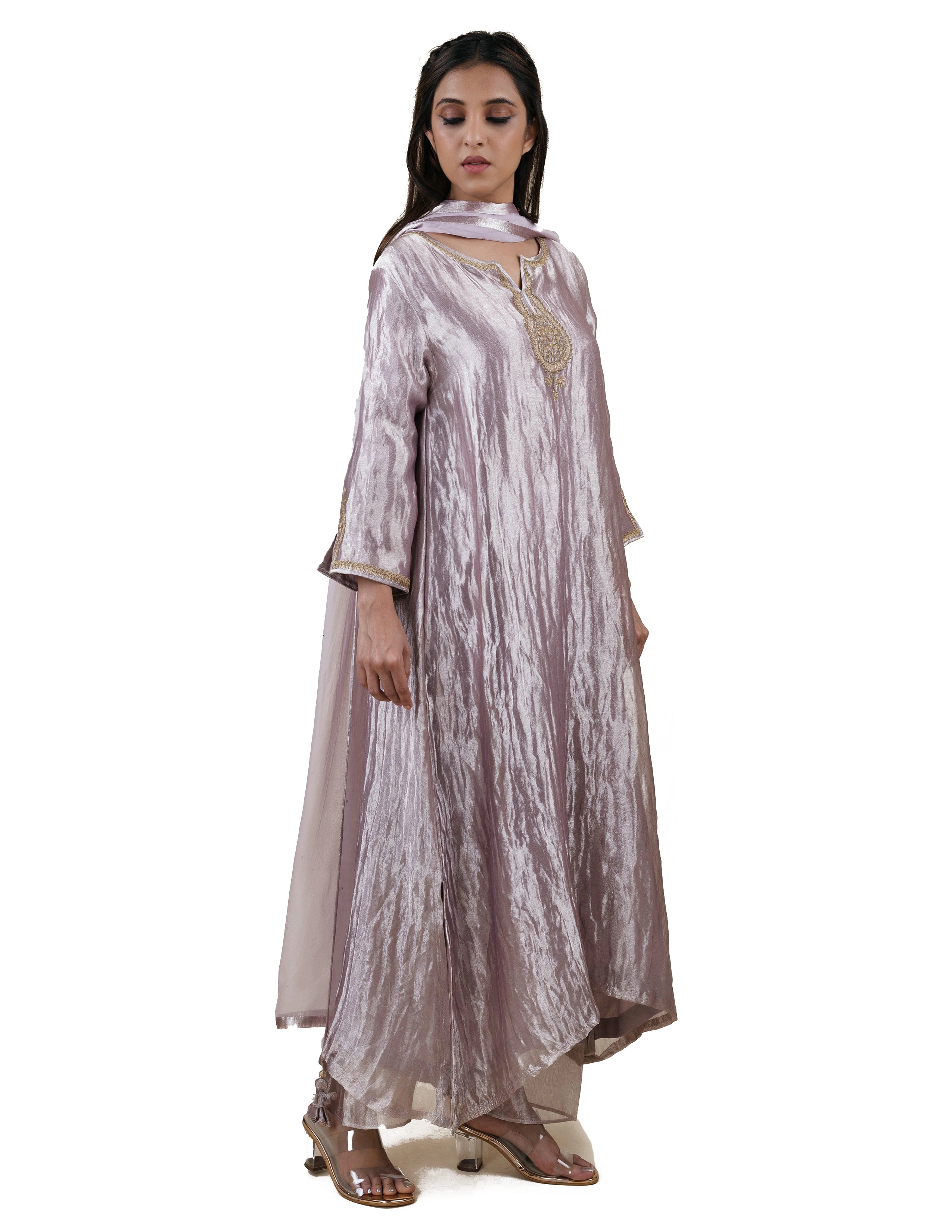 Grey Tissue  - A-line Kurta Set