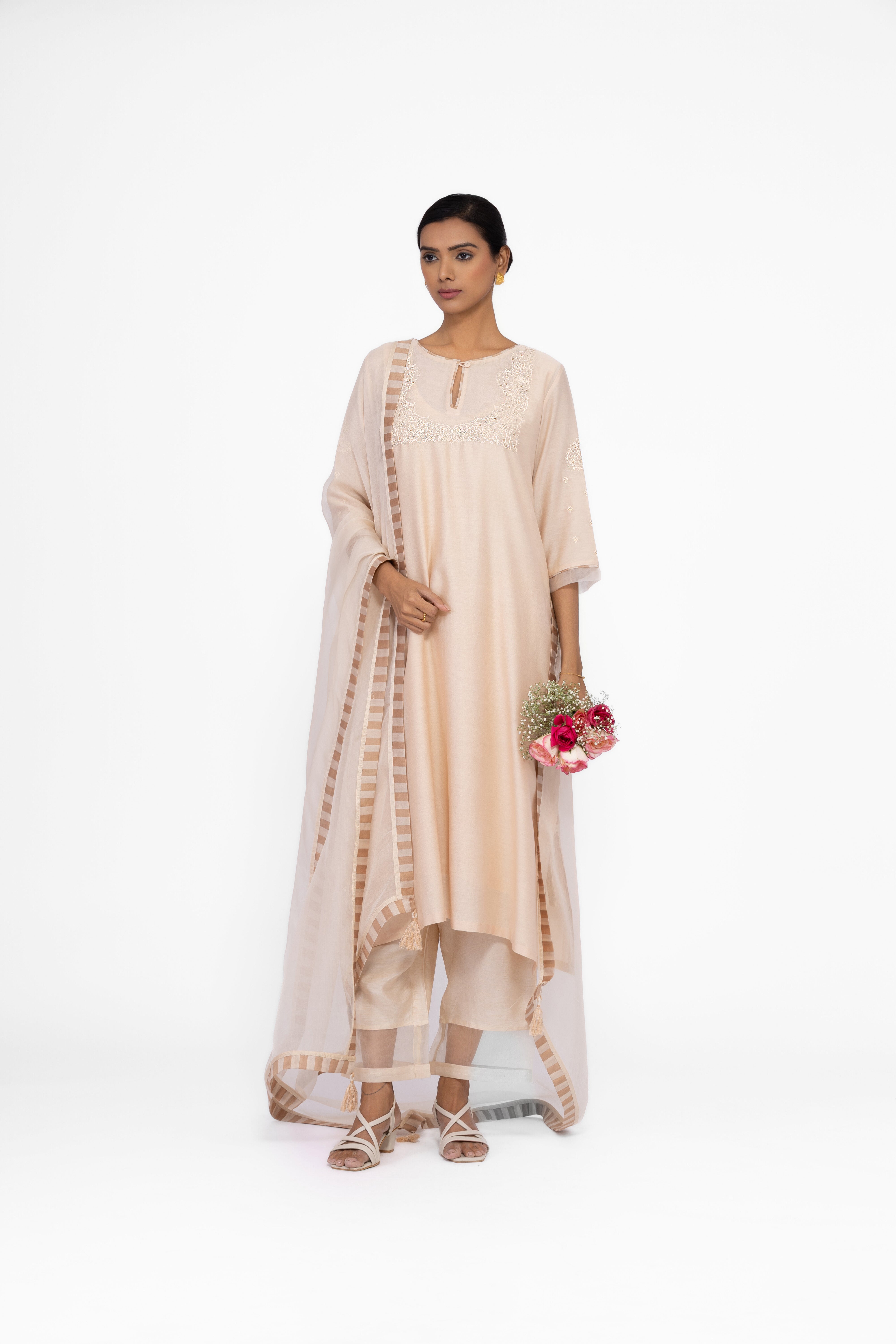 SOFT BEIGE - ROUND NECK - CHANDERI SILK  A-LINE KURTA SET