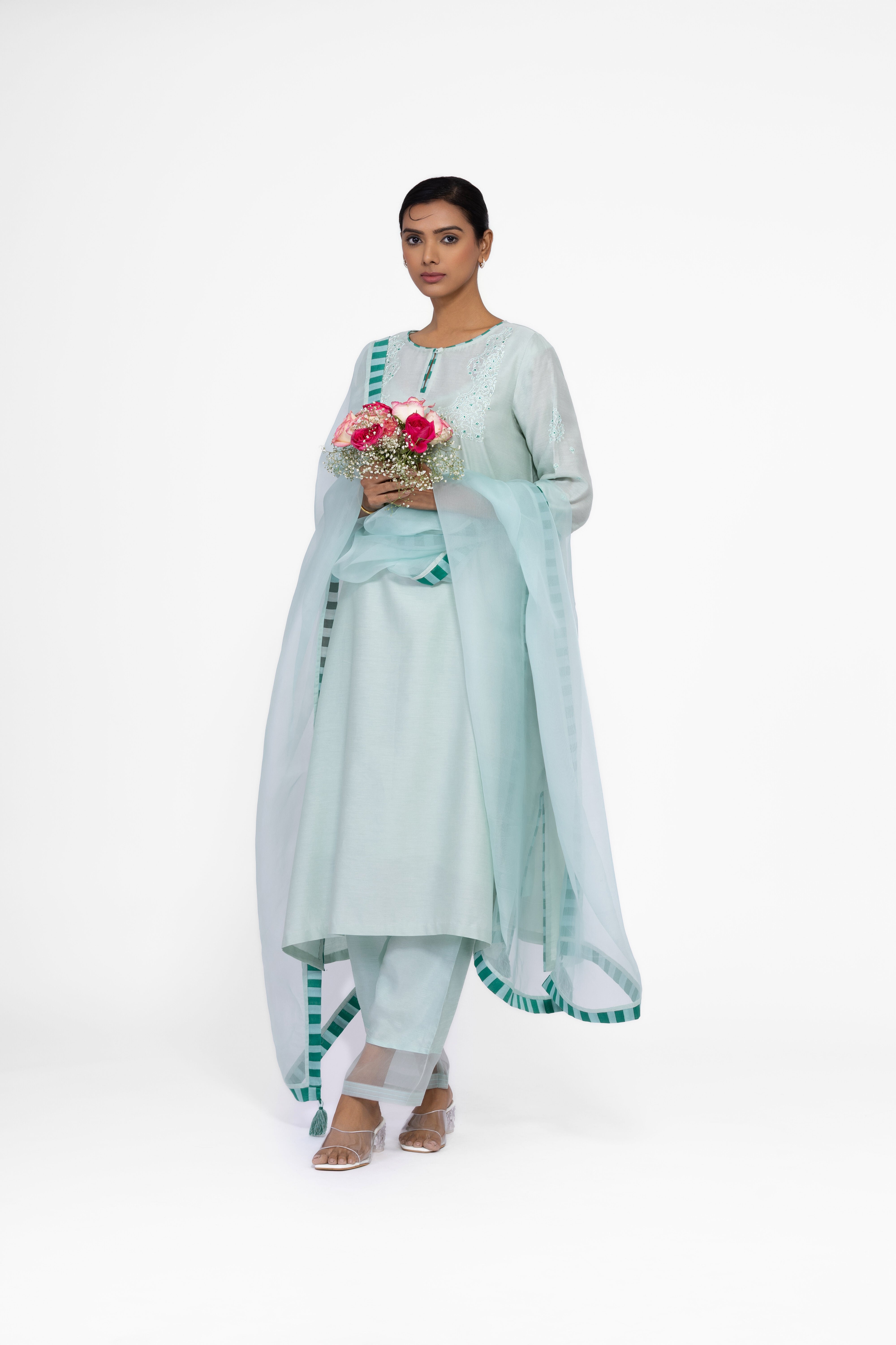 JADE GREEN - ROUND NECK - CHANDERI SILK  A-LINE KURTA SET