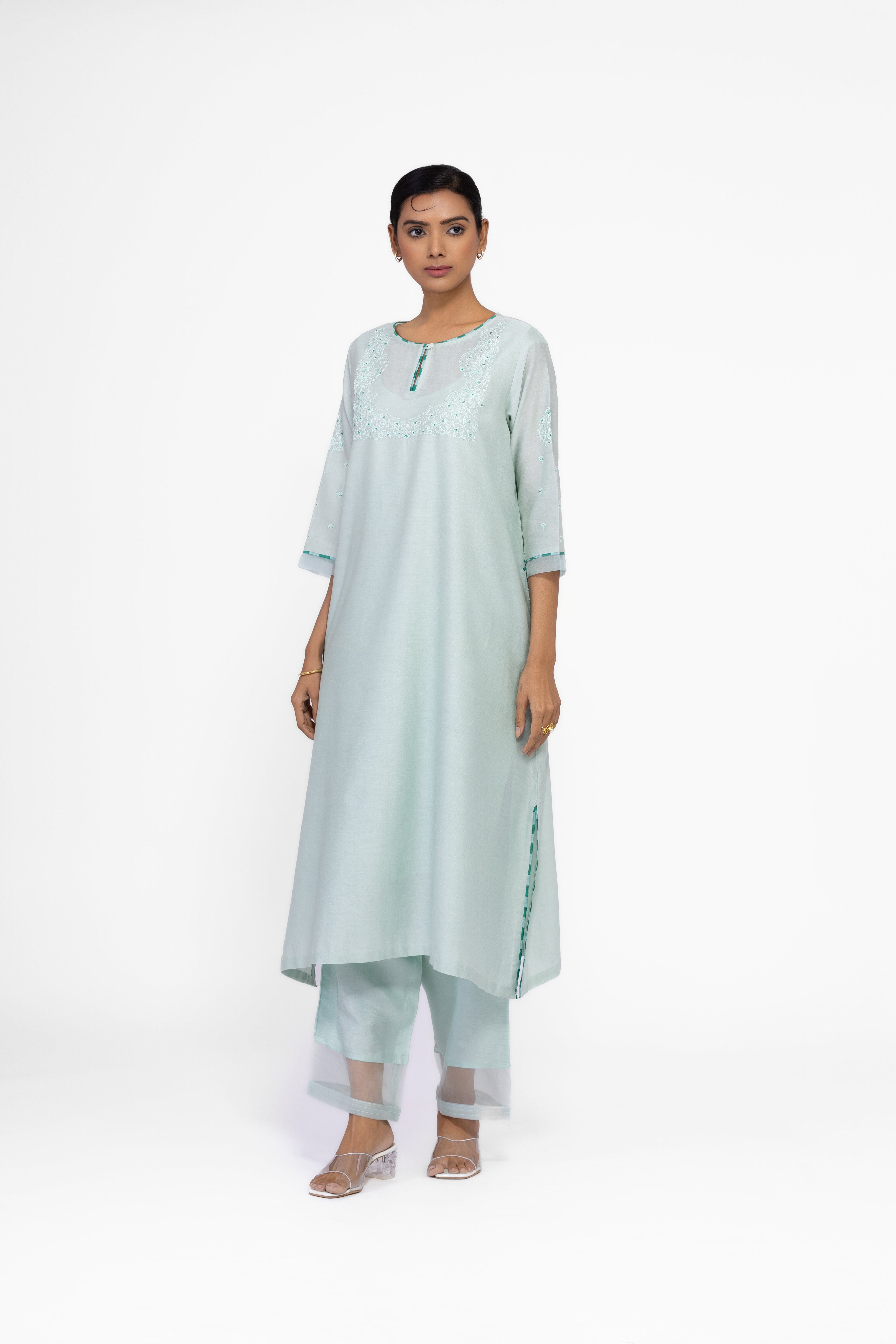 JADE GREEN - ROUND NECK - CHANDERI SILK  A-LINE KURTA SET